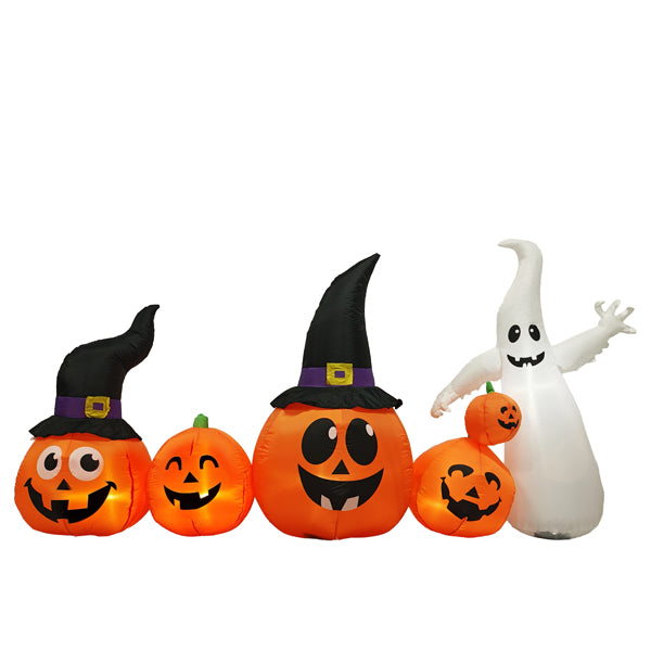 8FT Halloween Inflatable Pumpkin Ghost Scene, 5 Total LEDs, Waterproof Polyester, Quick Inflation with Stakes/Ropes for Yard/Garden/Indoor