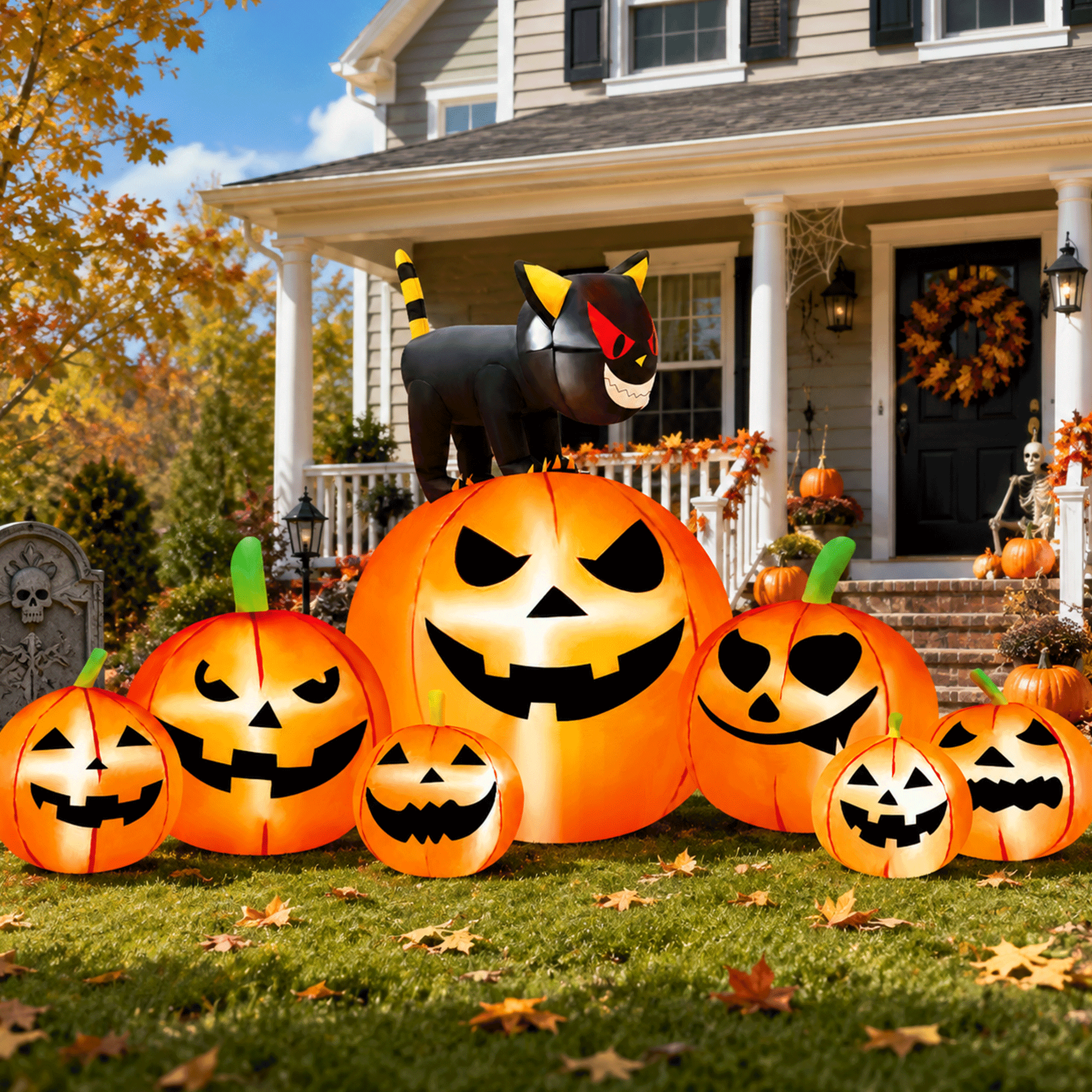 8.1FT Halloween Inflatable Pumpkin Stack, 7 Glitter Pumpkins with Black Cat and LED Lights, Outdoor Yard & Garden Decor