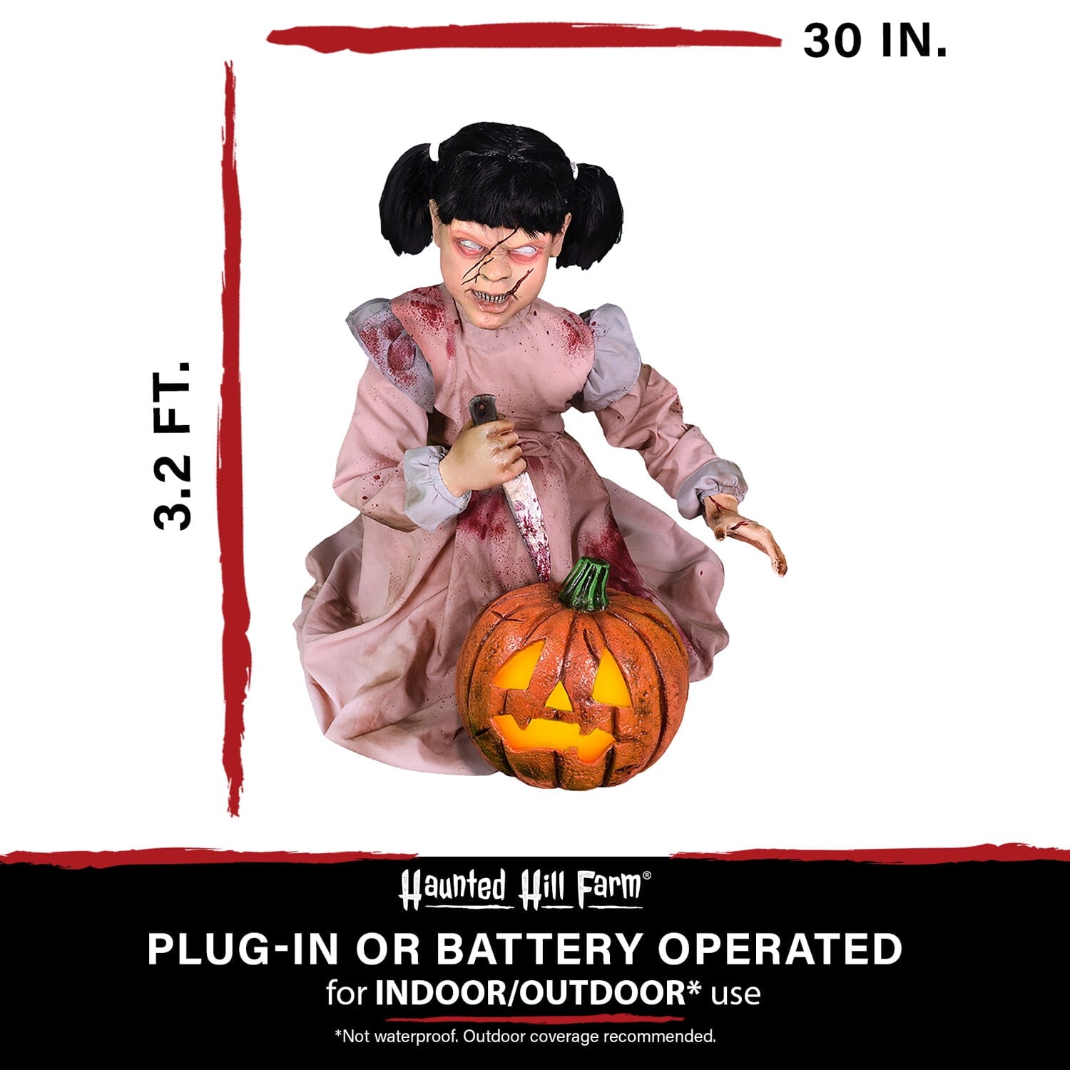 Lunging Pumpkin Carver Zombie Girl with Jack O'Lantern by Tekky, 3.2 ft Premium Talking Halloween Animatronic, HHPMPCVR-FLSA