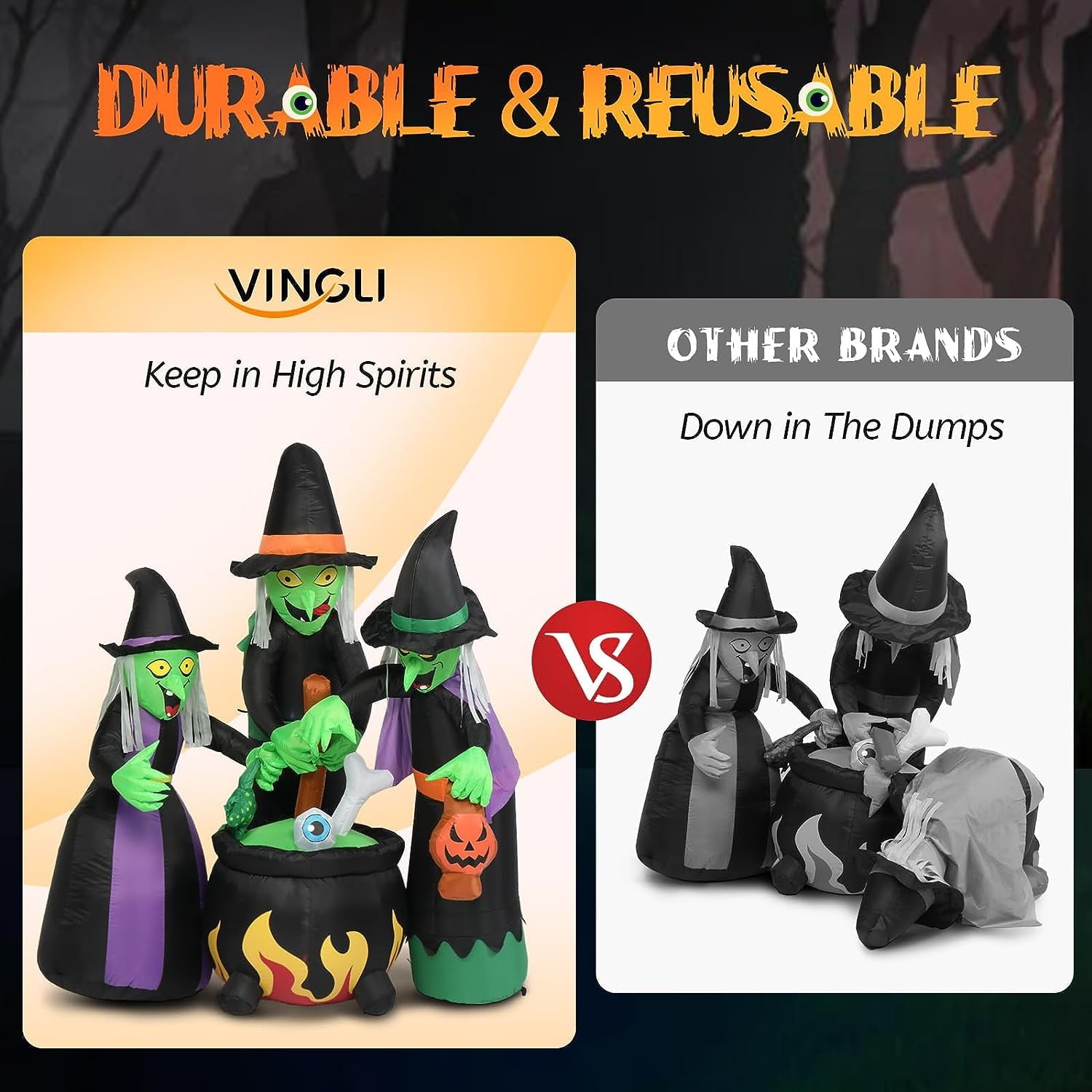 VINGLI 6FT High Halloween Inflatables Outdoor Decorations, Blow Up Scary 3 Witches Halloween Yard Decorations, Built-in LED Lights Décor for Indoor Home Party Garden Lawn Store