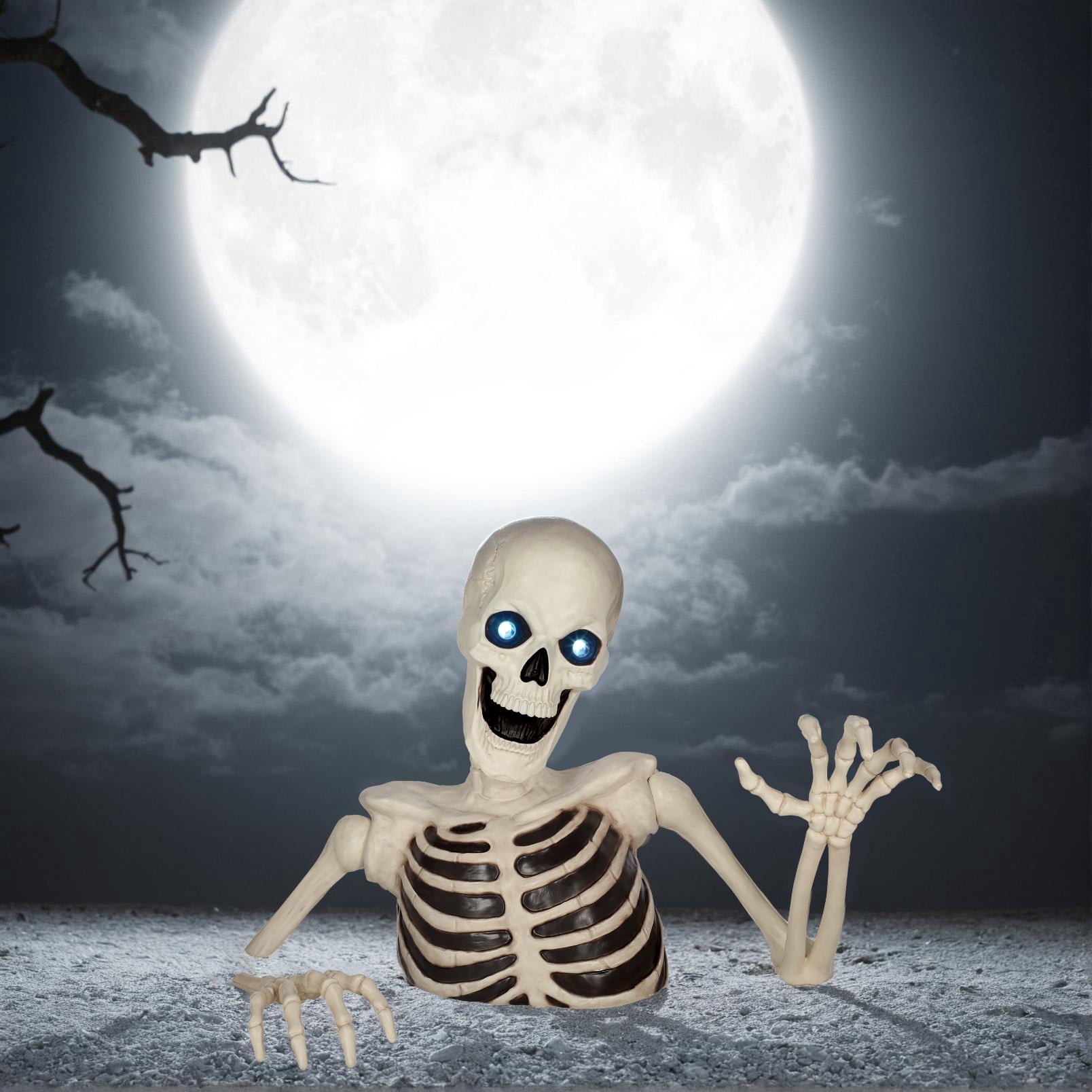 48" Halloween Giant Groundbreaker Skeleton with LED Light Moving Eyes, Creepy Sound Effect for Yard Porch Halloween Decoration