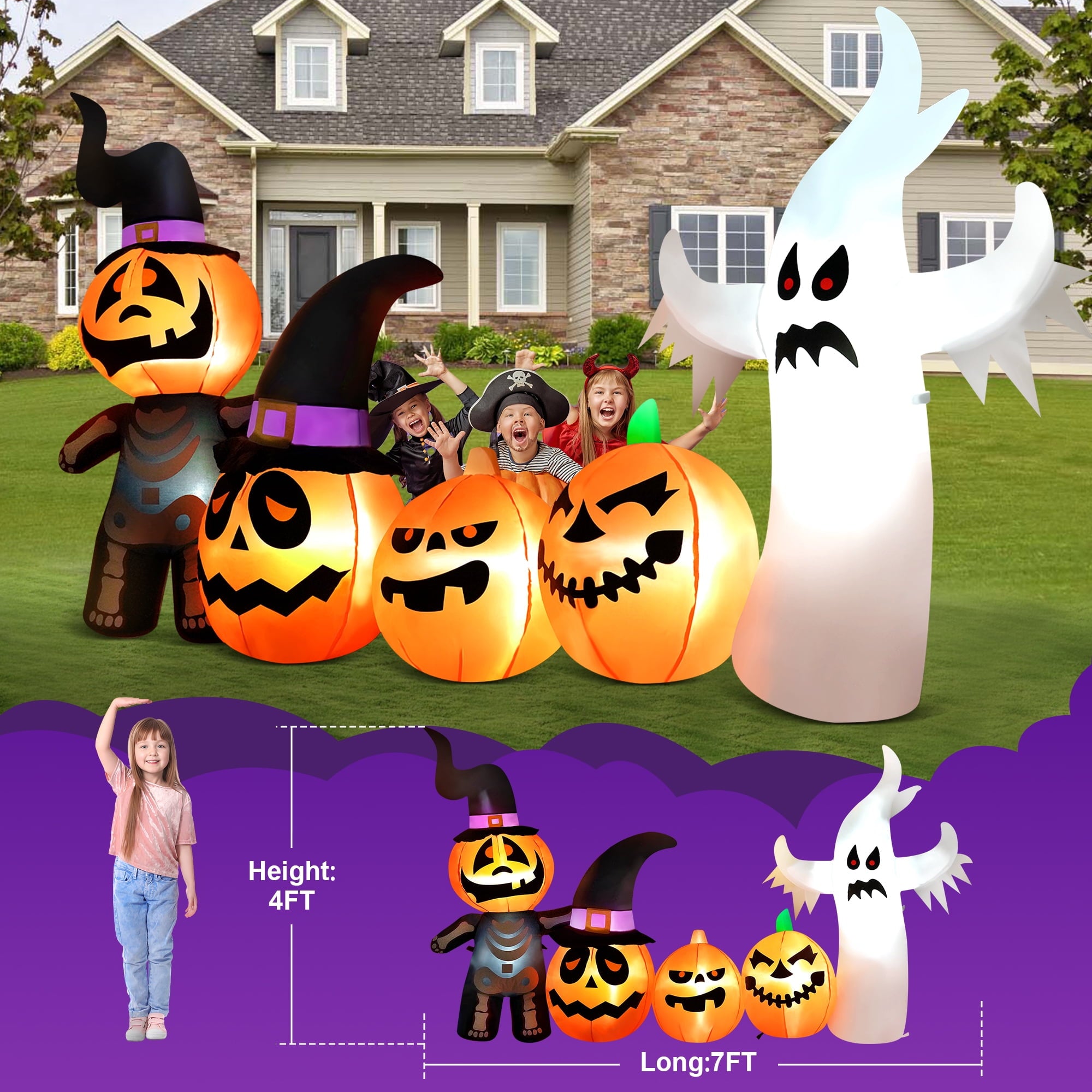 Vrilay Halloween Inflatables, 7 FT Long 4 Pumpkins with Cute White Ghost Outdoor Decorations, Built-in LEDs, Blow Up Party, Waterproof Yard, Garden, Lawn Decor