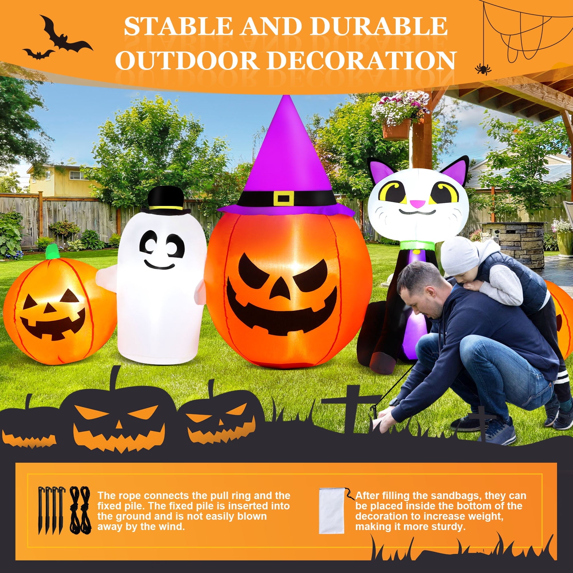 8ft Halloween Inflatable Pumpkins Outdoor Decor with Black Cat and Spectre,Built-in LED Lights,for Halloween Party,Yard,Garden,Lawn