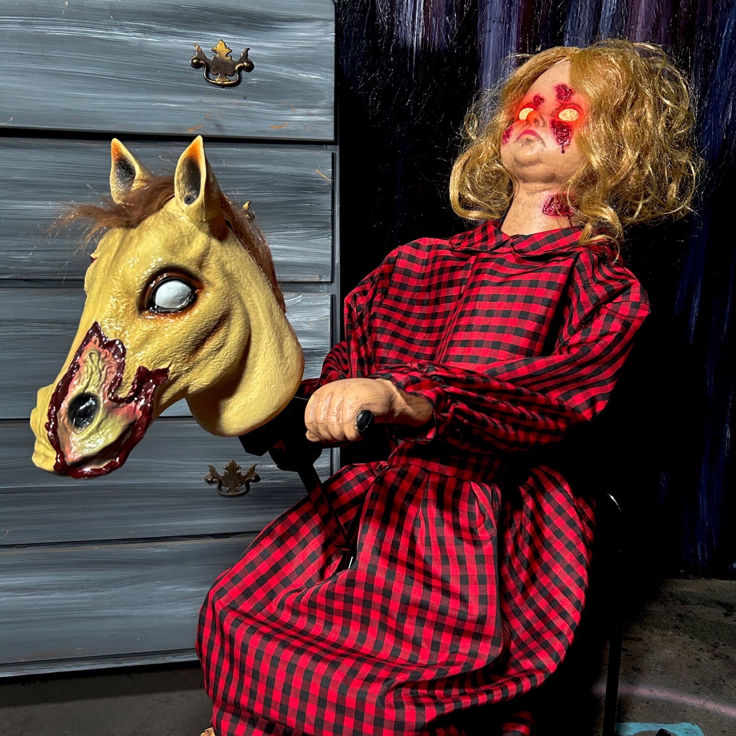 3.2 ft Voice & Sound-Sensor Rocking Horse Girl Halloween Animatronic, HHRCKHRSGRL-1FLSA