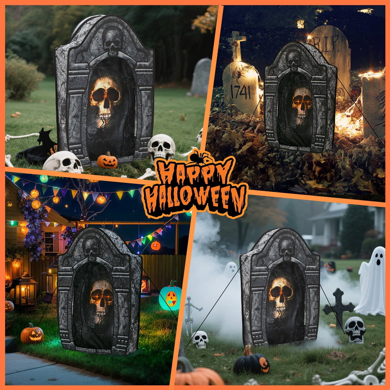 Toiyjofe 3.5ft Large Halloween Tombstone with LED Skull Eyes, Foldable Battery Powered Graveyard Decor for Lawn, Garden & Haunted House