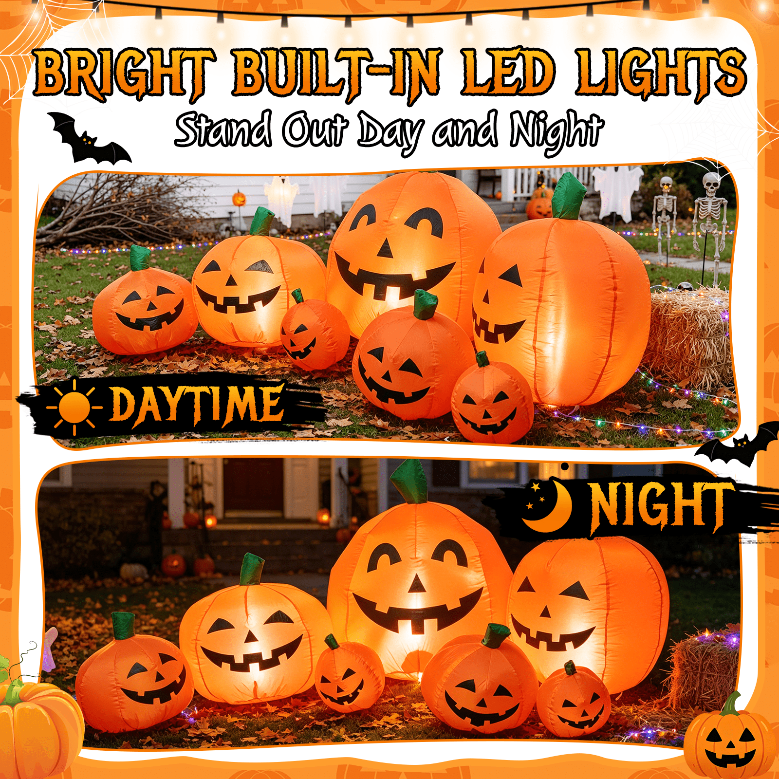 7.5 FT Long Halloween Inflatables Pumpkin Family Lighted,7 Pumpkins Blow Up Yard Decoration, Built-in LEDs, Stakes & Tethers Included for Outdoor Lawn Garden Halloween Decor
