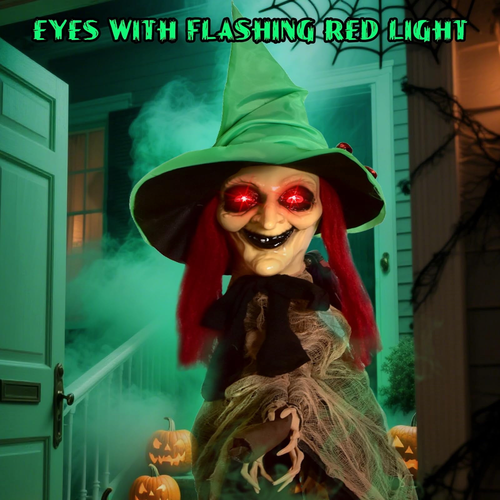 Halloween LED Light-Up Flying Witch on Broomstick, Realistic Sound & Motion, Scary Animated Decoration with Kicking Legs for Yard, Party, Haunted House Green