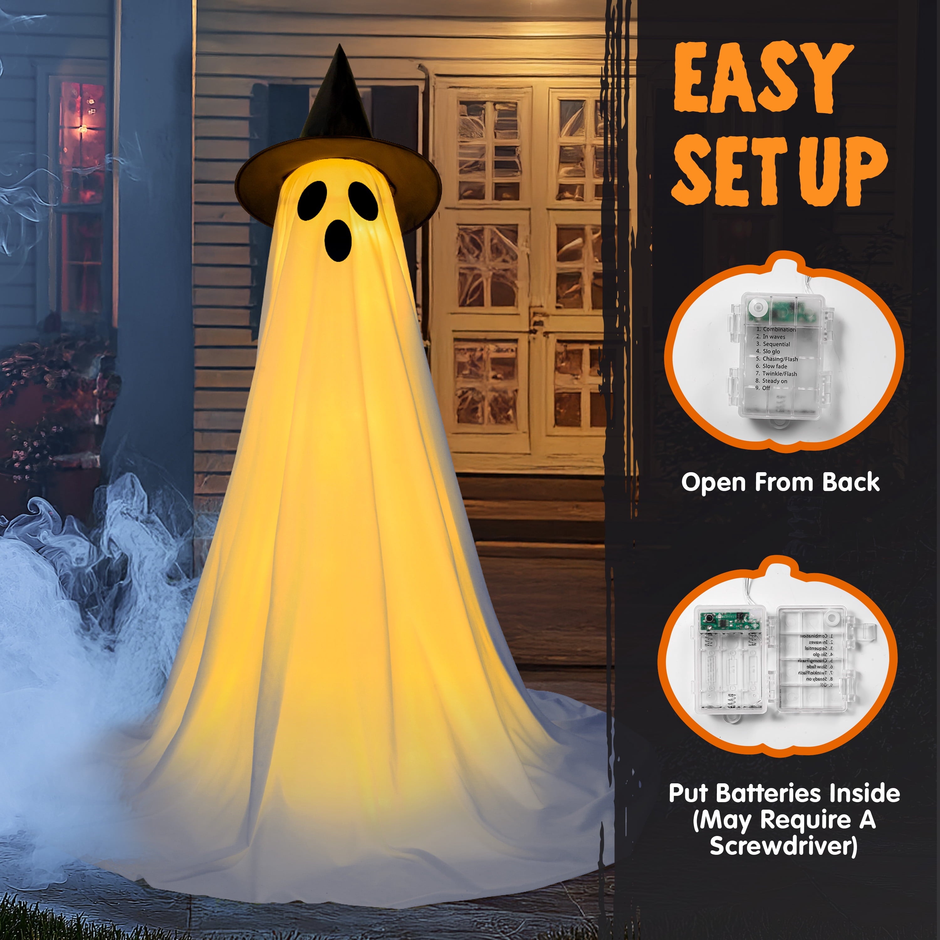 2 Packs Halloween Decorations Outdoor,Light Up Halloween Spooky Standing Ghost with Witch Hat,Scary Ghosts Decor with LED Lights for Front Porche Yard Garden Home