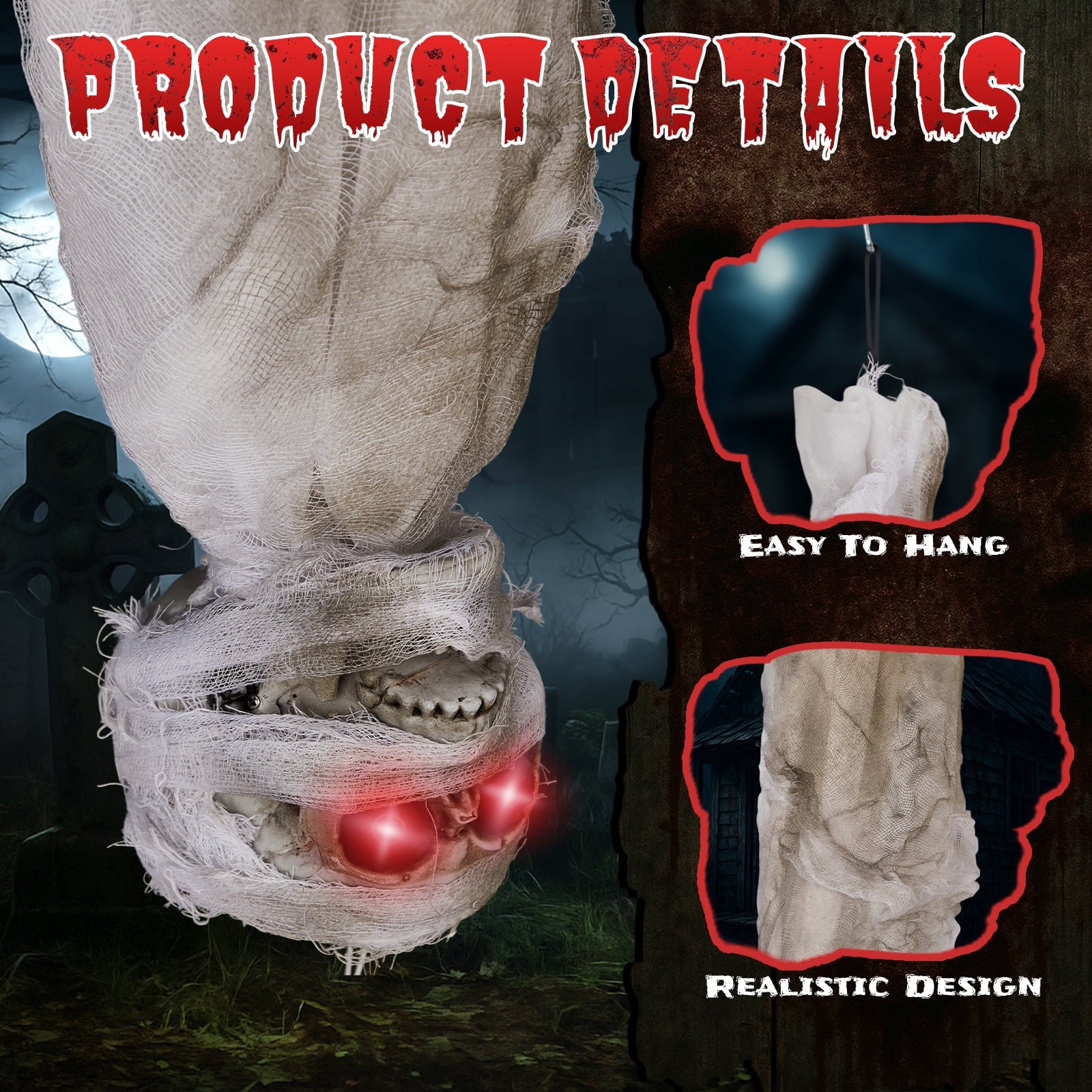 3ft Hanging Zombie Animated Halloween Decoration Creepy Mummy Halloween w/ Pre-Recorded Screaming, LED Eyes