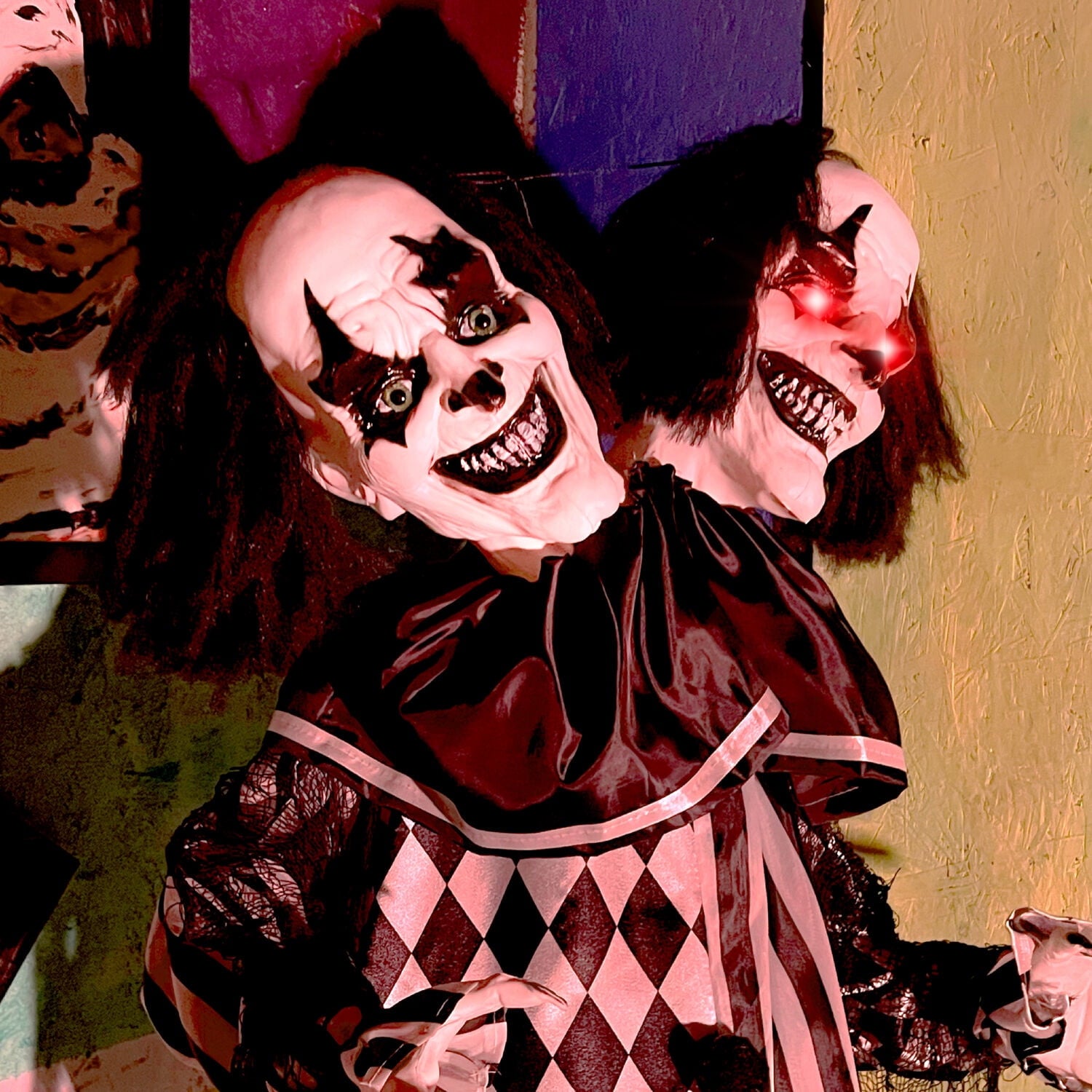 Lifesize 5.5 ft Animatronic Two-Headed Clown with Lights and Sound, Indoor/Outdoor Halloween Decoration, HHCLOWN-37FLSA