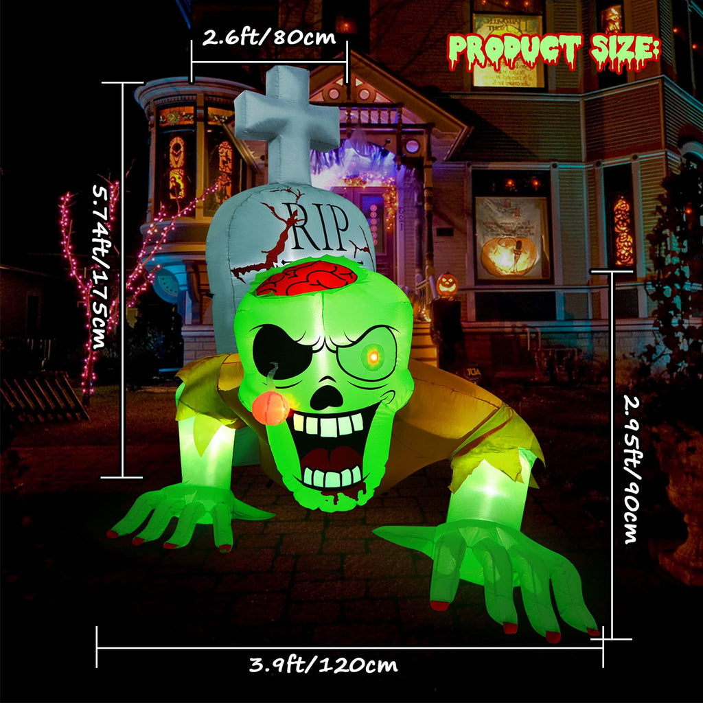 5.7FT Inflatable Halloween Inflatable Crawling Green Ghost with Tombstone Built-in LED Lights Inflatable LED Lights Blow Up Yard Decoration