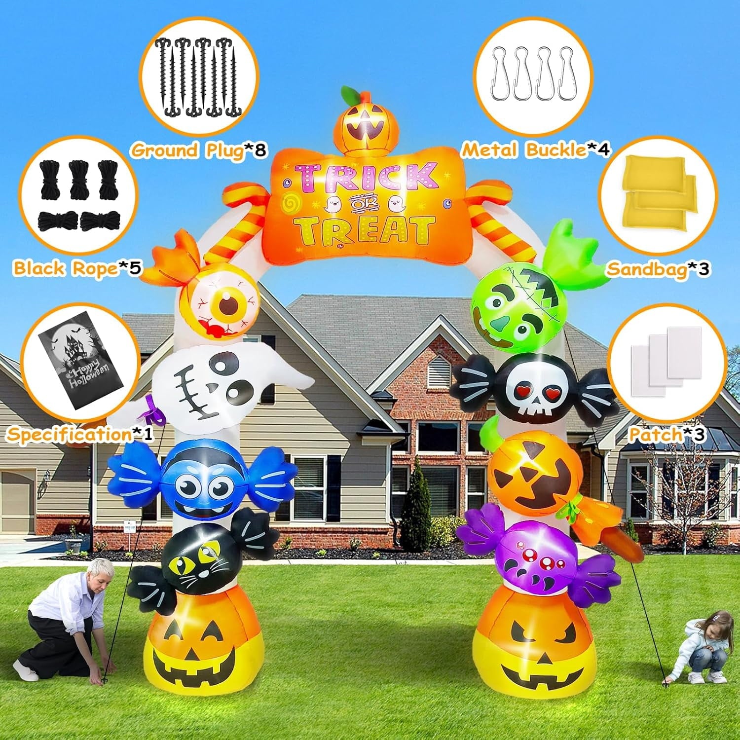 10FT Inflatable Candy Ghost Pumpkin Archway with Built-in Lights  Giant Outdoor Yard & Garden Decoration for Halloween, Indoor/Outdoor Use