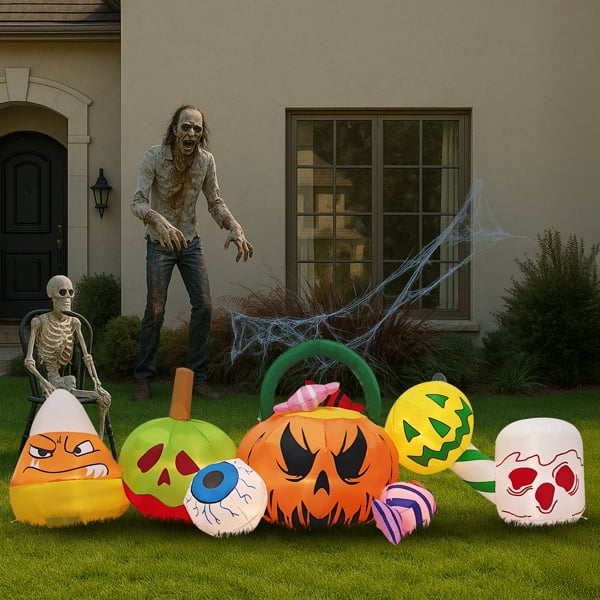 8FT Halloween Inflatable Pumpkin Ghost Scene, Waterproof Polyester, Quick Inflation with Stakes/Ropes for Yard/Garden/Indoor