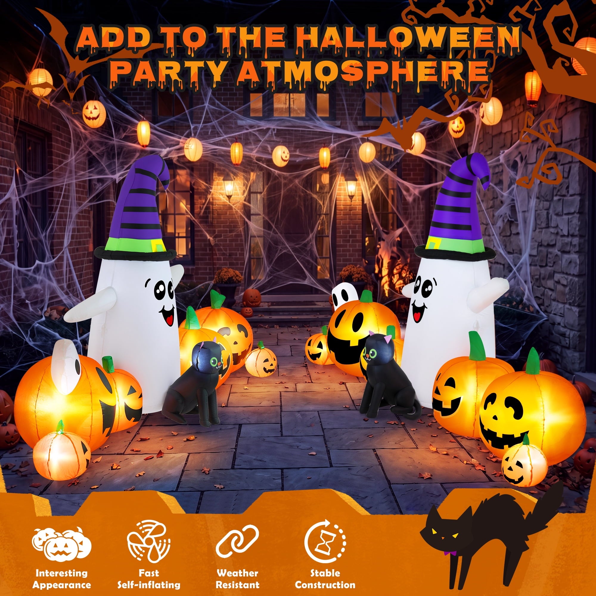 8 FT Long Halloween Inflatable Ghost with Witch Hat, 6 Pumpkins Halloween Blow Ups with Black Cat for Halloween Party Outdoor Yard Garden Lawn Decor