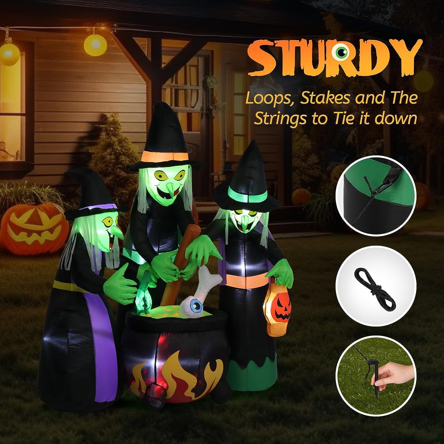 VINGLI 6FT High Halloween Inflatables Outdoor Decorations, Blow Up Scary 3 Witches Halloween Yard Decorations, Built-in LED Lights Décor for Indoor Home Party Garden Lawn Store