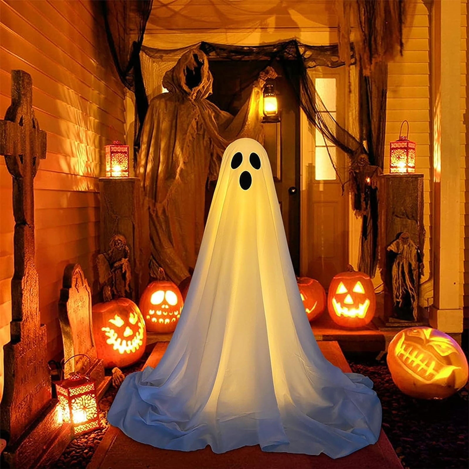 Halloween Ghost Decorations 8ft Tall Glowing White Fabric Ghost with Light Stand for Front Porch Yard Indoor Outdoor Spooky Party Decor
