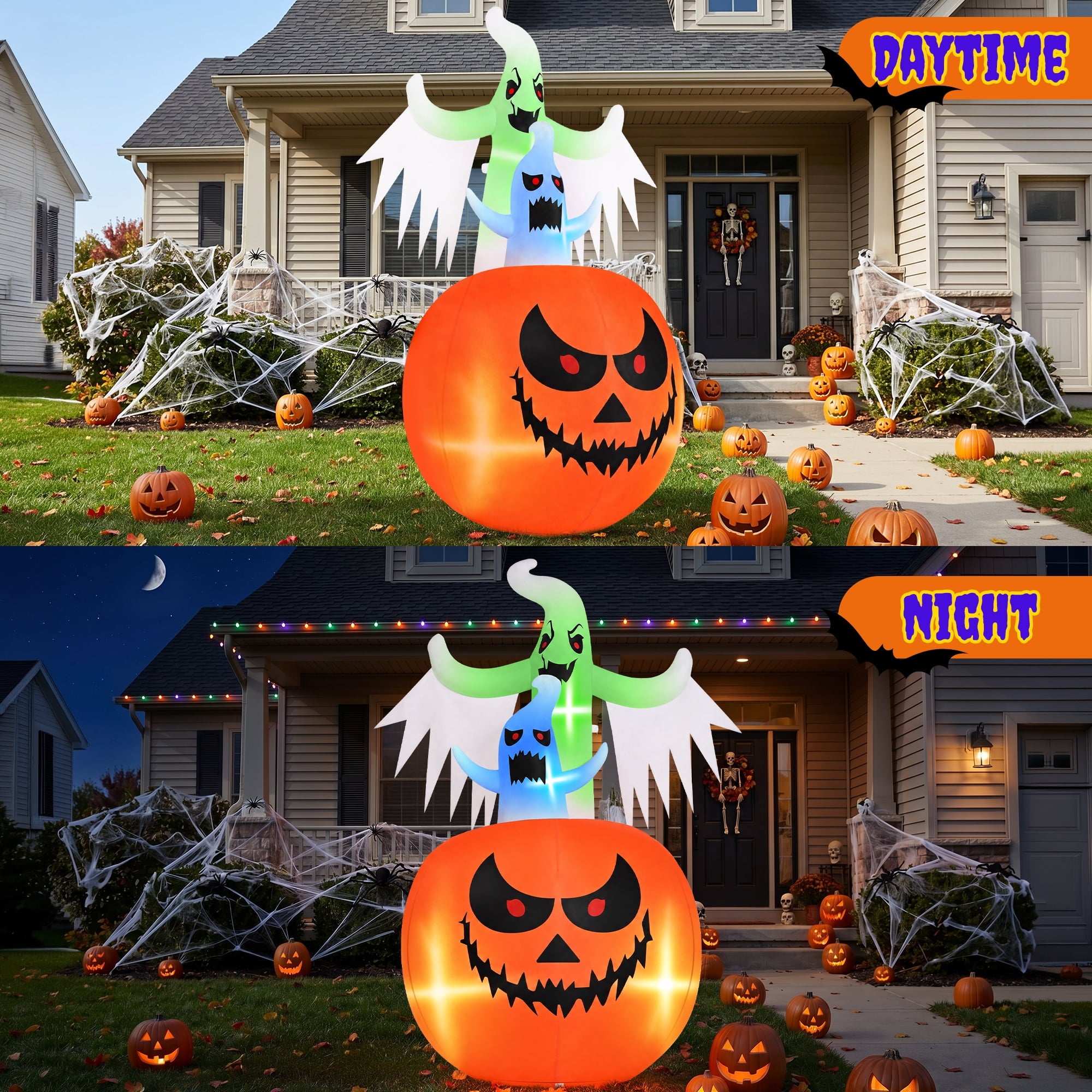 6ft Tall Halloween Inflatable,Ghosts Pumpkin with Colorful Flashing Lights,Blow ups Halloween Outdoor Decorations