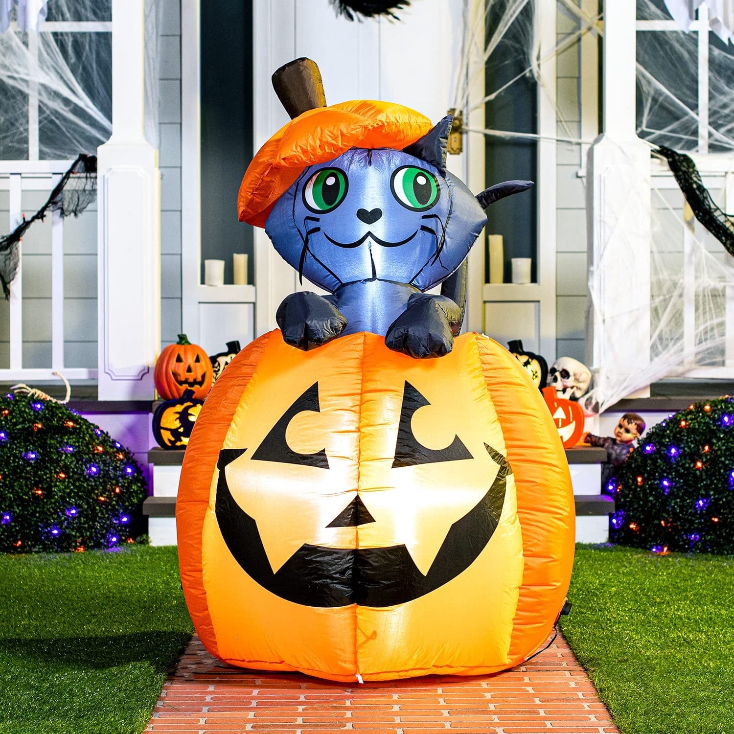 5 ft Halloween Inflatable Animated Cat on Pumpkin,Halloween Outdoor Decoration with LED Lights,Blow Up Decoration for Yard & Lawn,Party