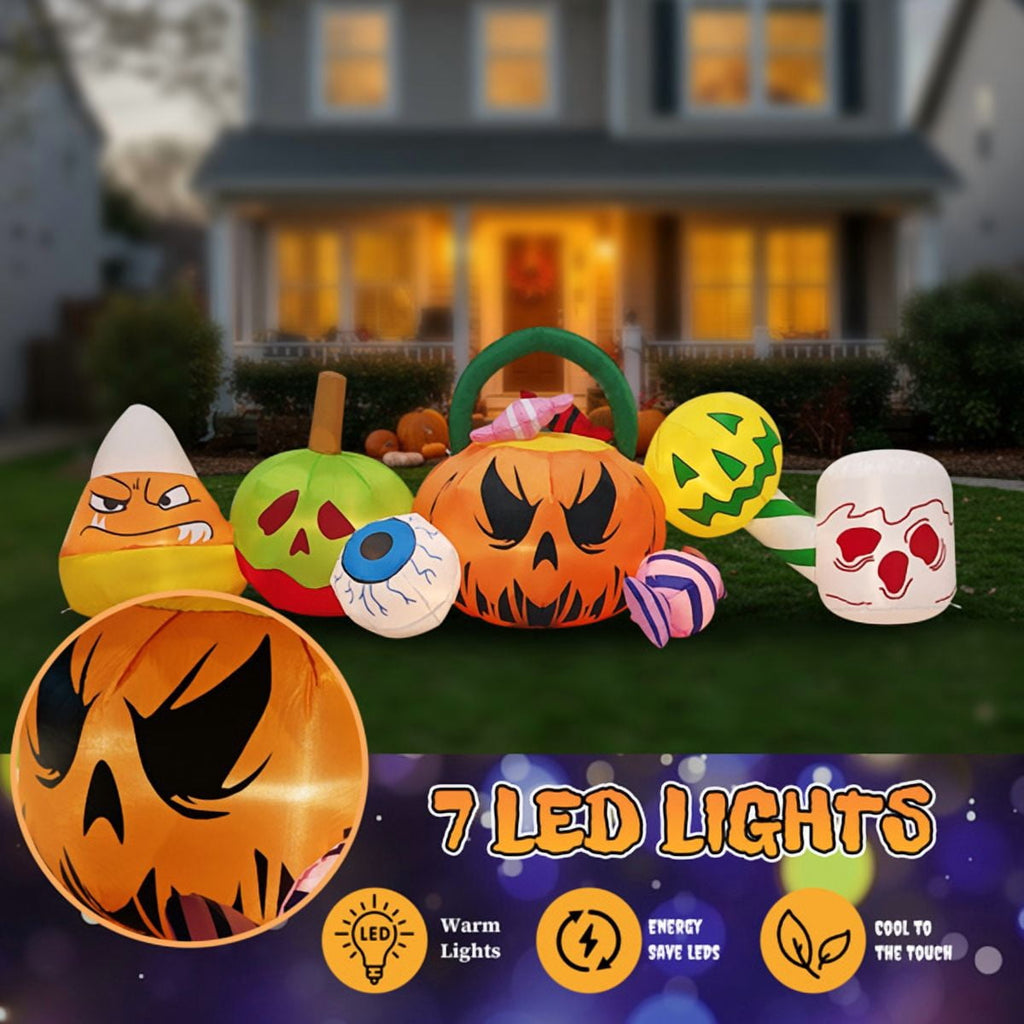 8FT Halloween Inflatable Pumpkin Ghost Scene, Waterproof Polyester, Quick Inflation with Stakes/Ropes for Yard/Garden/Indoor