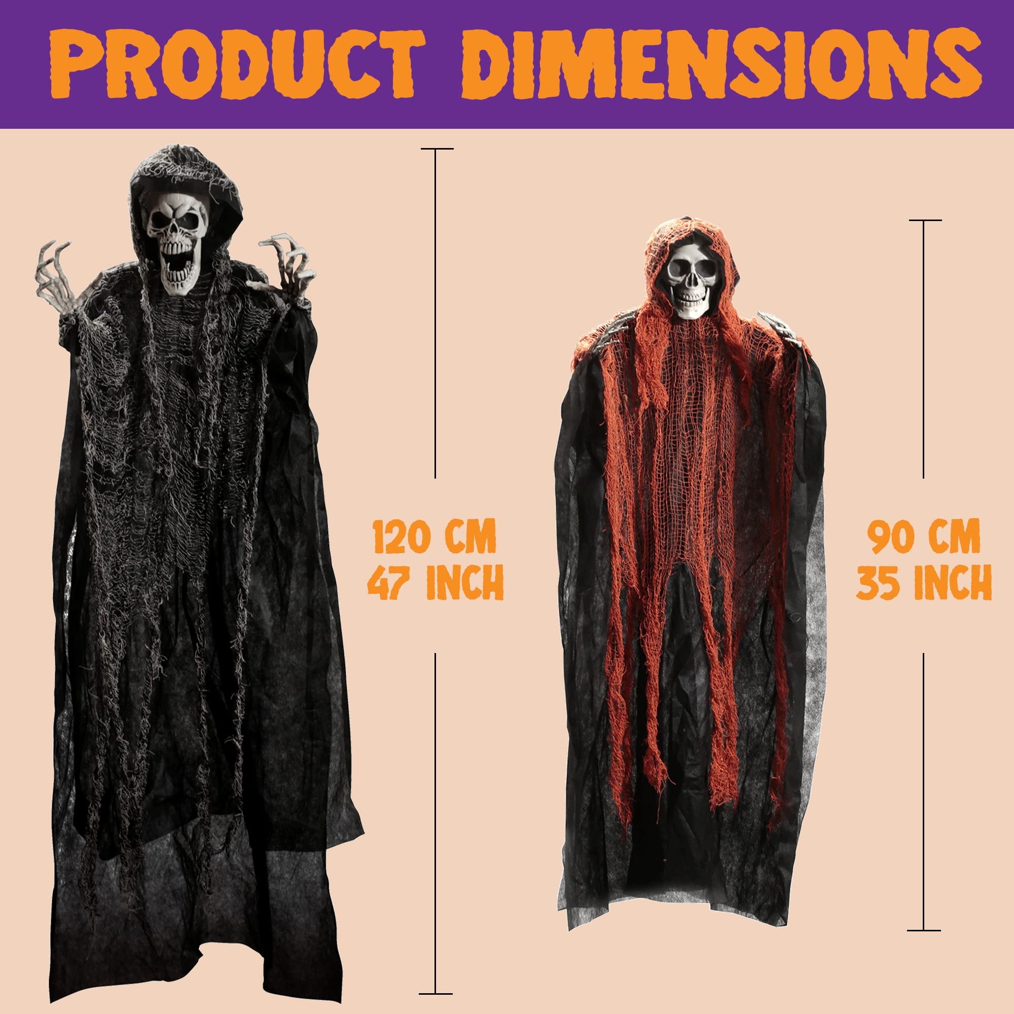 3 Pack Halloween Hanging Ghosts,Scary Skeleton Ghosts Grim Reapers Decorations for Halloween Indoor Outdoor Yard Home Decorations