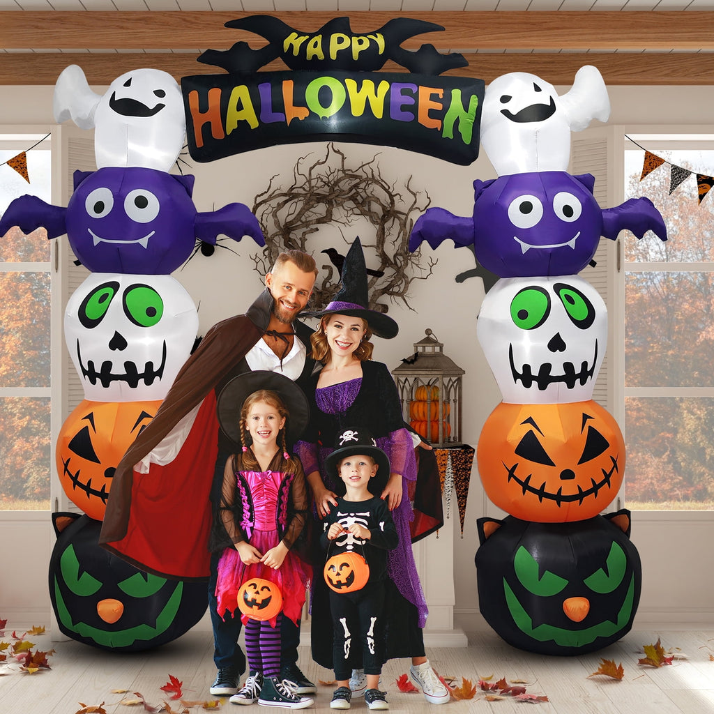 8.2' Halloween Inflatables Pumpkin Ghost Archway, Blow up Hallowee Decorations with Built-in LED Lights for Holiday