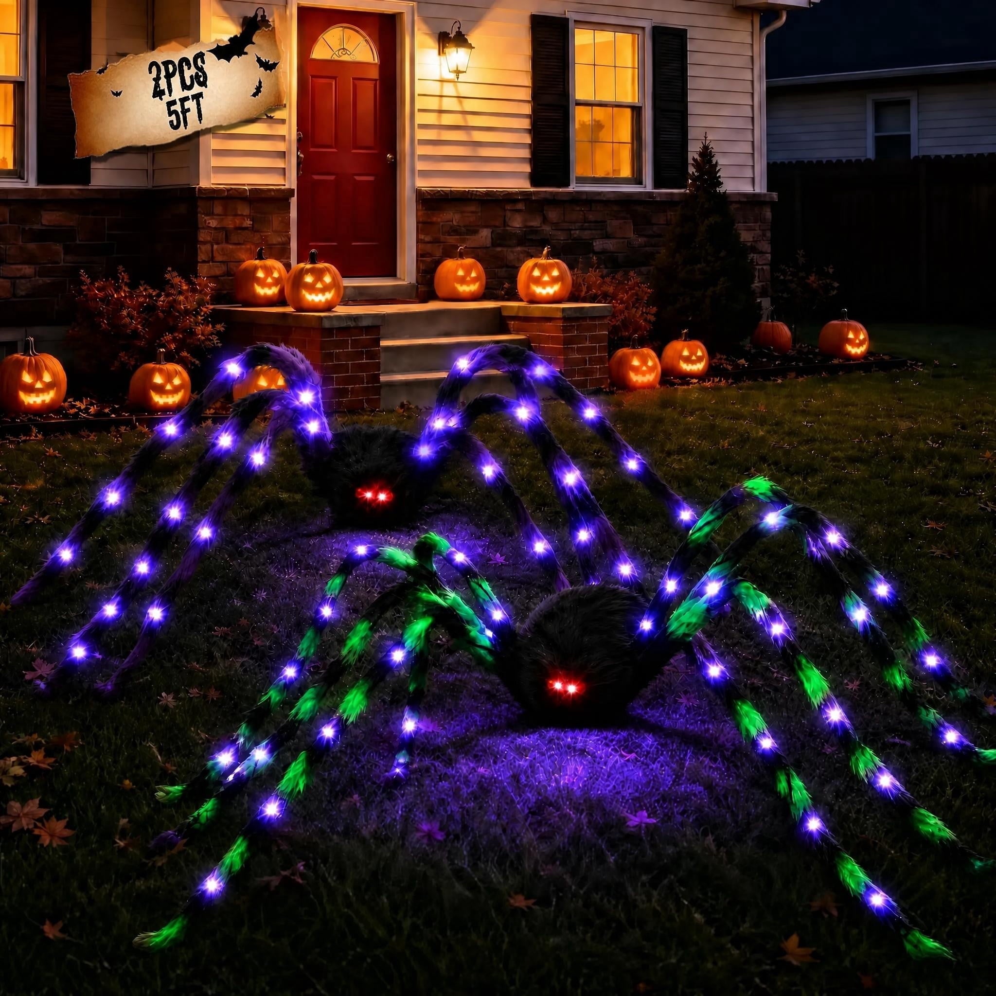 Halloween Decorations Outdoor, 5Ft Giant Spider Light Up Spider, 2 Pack Scary Large Halloween Spider Decor for Home Party Favor Yard Decor