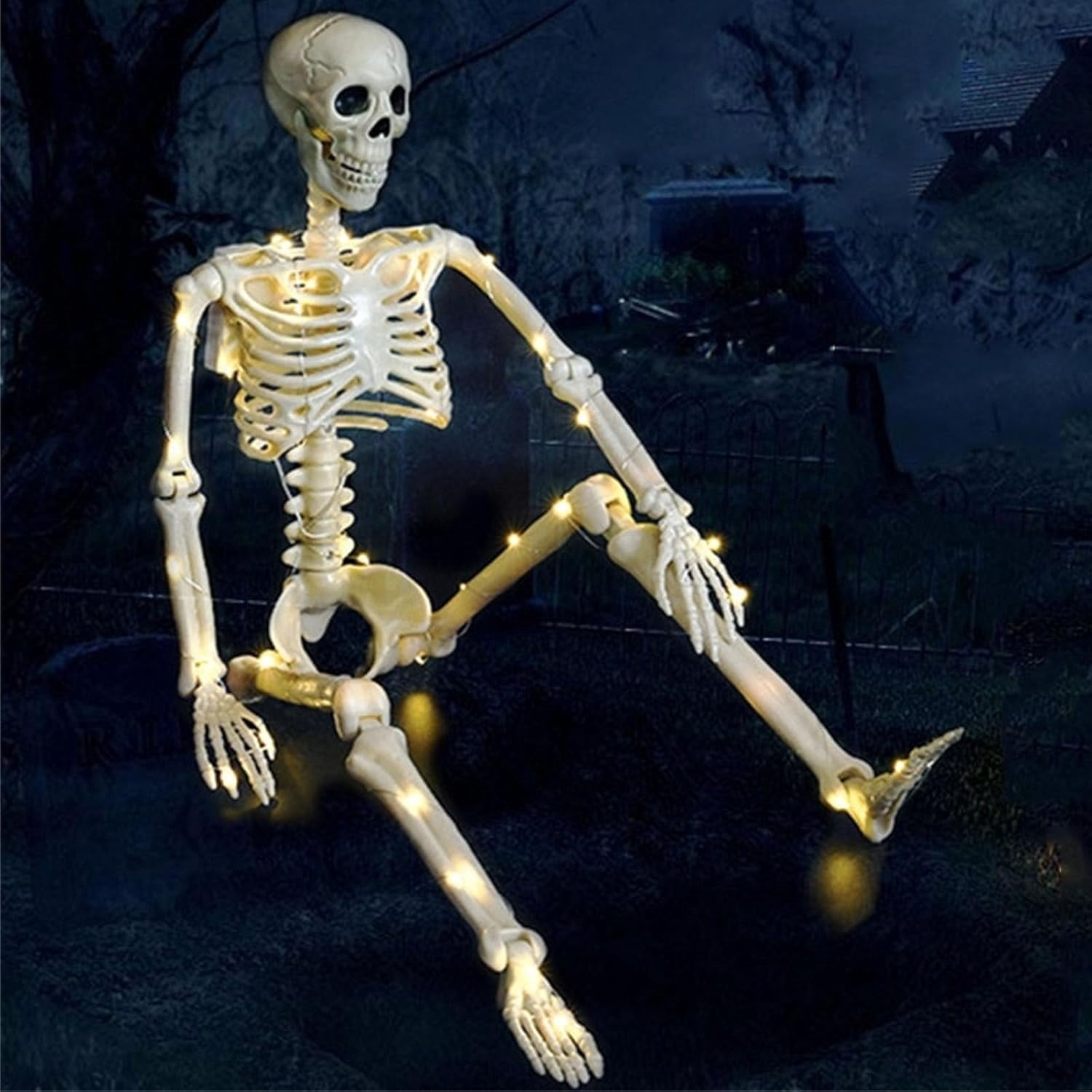 36" Full Body Skeleton Decoration,Halloween Posable Skeleton with Lights, Posable Joints Gothic Skeletons Decoration for Outdoor Indoor Yard Patio Haunted House,Light Up Spooky Party Props Decor