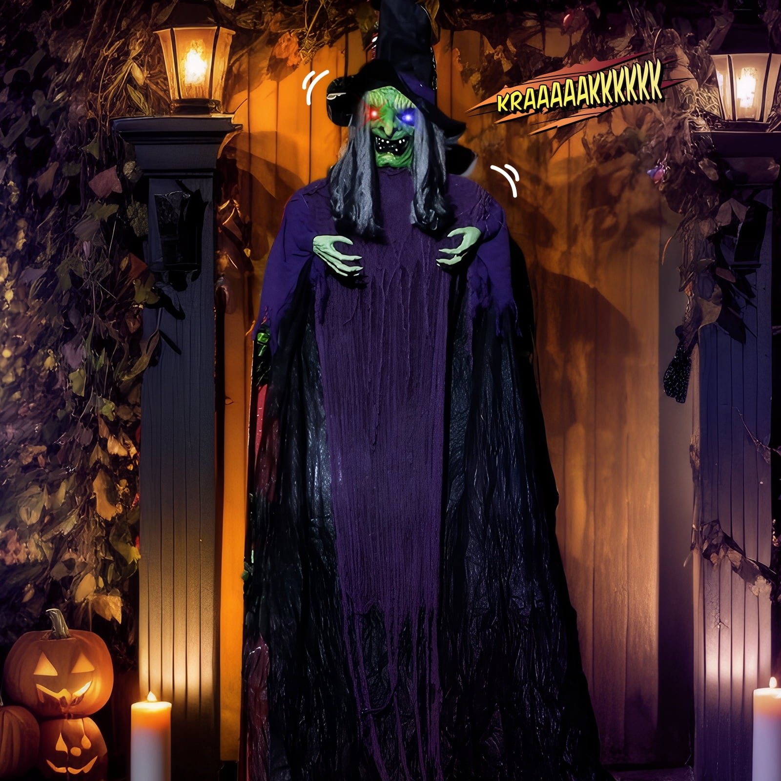 12FT Halloween Animatronic Witch Standing Outdoor Halloween Decoration w/ Green Eyes,Scary Sounds