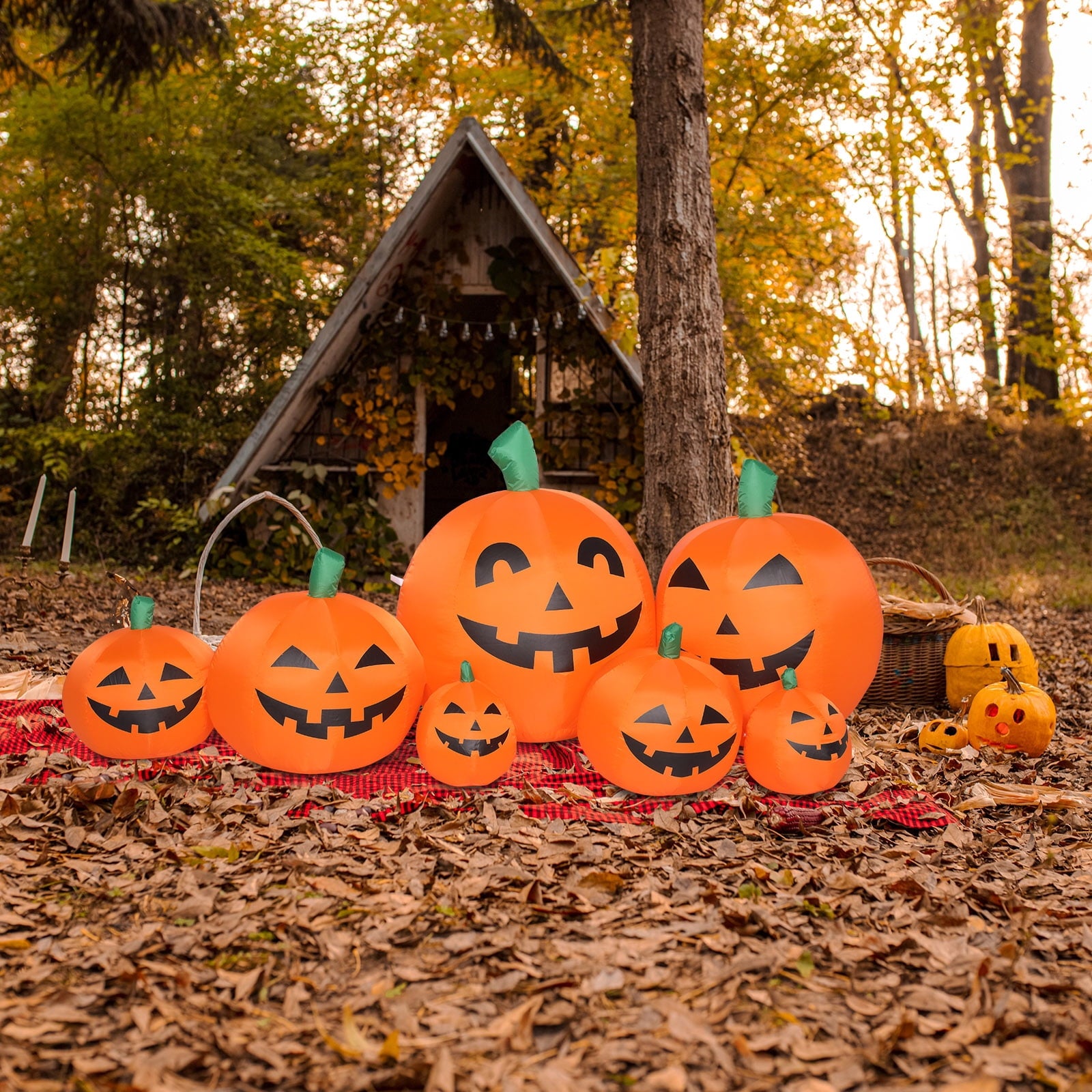 7.4' Halloween Inflatables Outdoor Halloween Decoration with LED Lights 7pcs Blow up Pumpkins