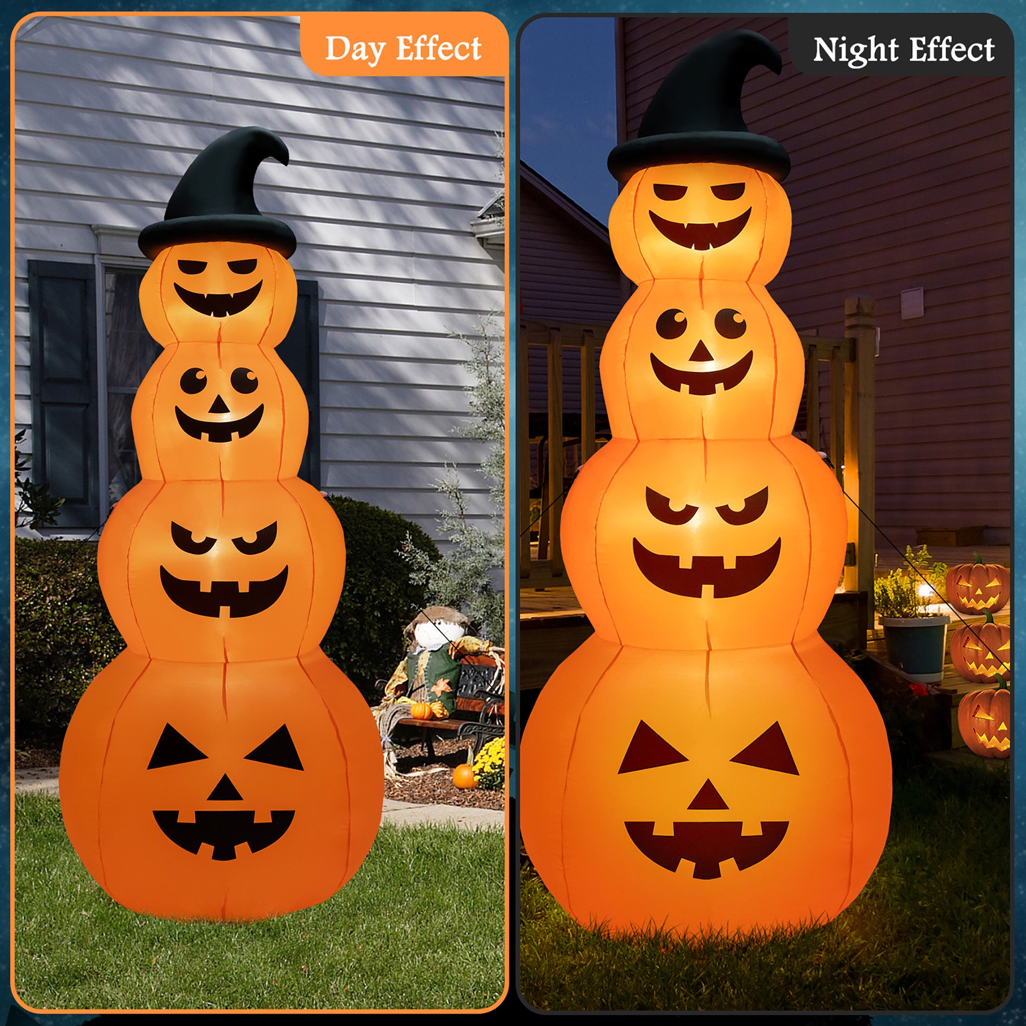 Gymax 8 ft Inflatable Halloween Pumpkins Stack Holiday Decor w/ Built-in LED Lights