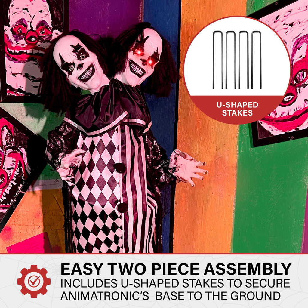 Lifesize 5.5 ft Animatronic Two-Headed Clown with Lights and Sound, Indoor/Outdoor Halloween Decoration, HHCLOWN-37FLSA
