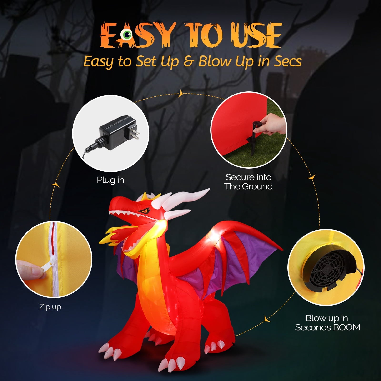 6FT Halloween Inflatables Fire Dragon Outdoor Halloween Decoration Built-in LED Lights