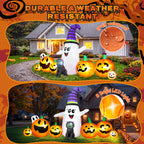 8 FT Long Halloween Inflatable Ghost with Witch Hat, 6 Pumpkins Halloween Blow Ups with Black Cat for Halloween Party Outdoor Yard Garden Lawn Decor