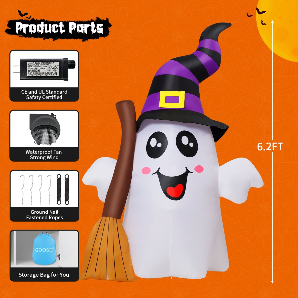 Halloween Inflatables 6 FT Halloween Ghost Inflatable Grasping Broom with LED Lights, Blow up Ghost Cute Inflatable Ghost, Outdoor Halloween Decorations for Holiday Party Indoor Outdoor