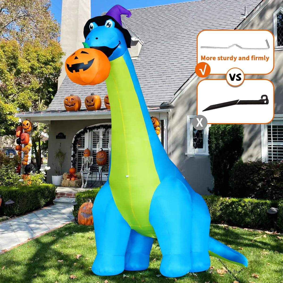 COMIN Halloween Inflatables 10 FT Tall Dinosaurs Eating Pumpkin Blow Up Yard Decoration with Built-in LED for Yard Garden Party Lawn