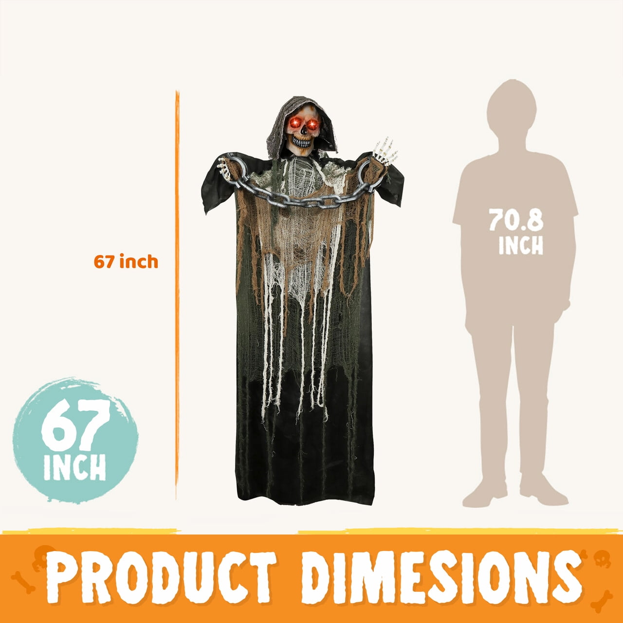 67" Standing Grim Reaper with Chain, Large Halloween Decorations Outdoor, Life Size Animatronics Skelton, Sound-Actived Party Decor with Creepy Sound & LED Eyes, Scary Haunted House Props