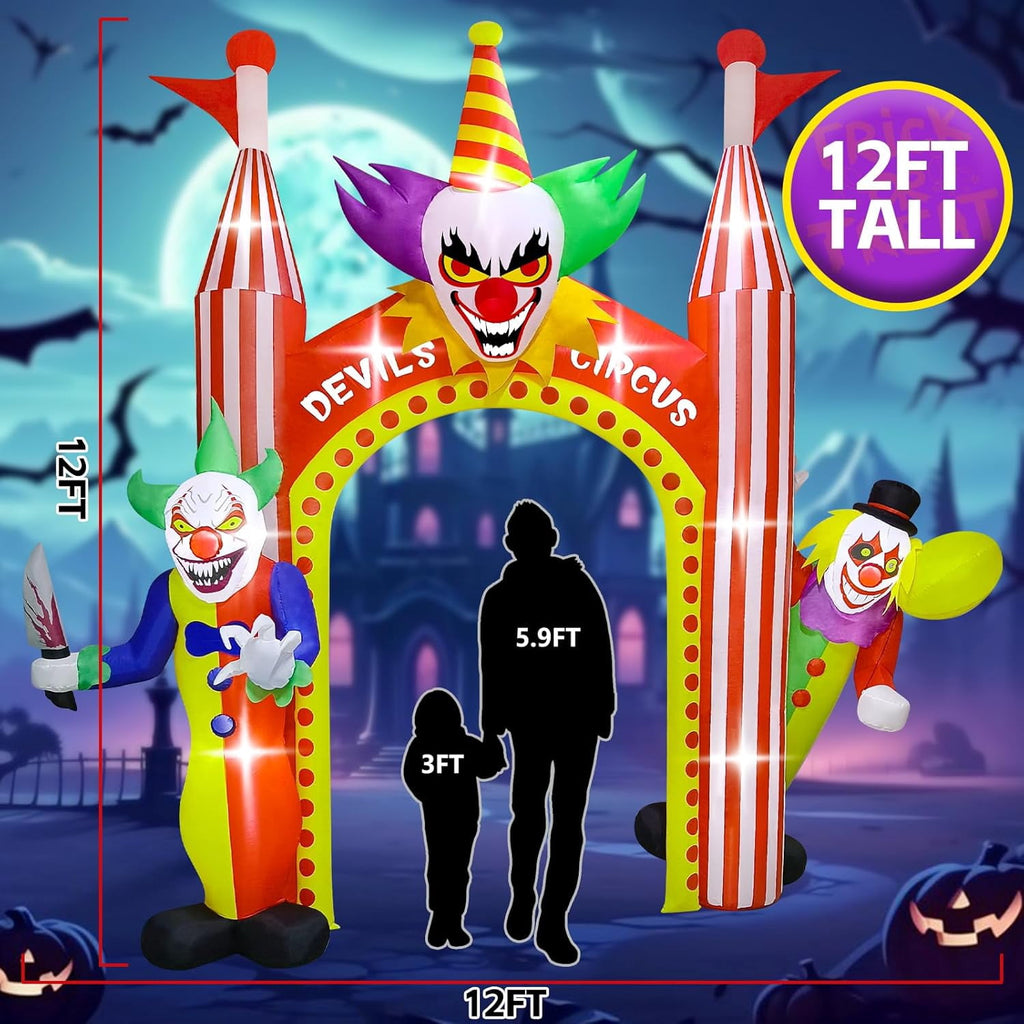 12FT Giant Clown Inflatable Archway with Built-in Lights  Scary Outdoor Yard Decorations for Garden, Lawn, and Indoor Halloween Decor