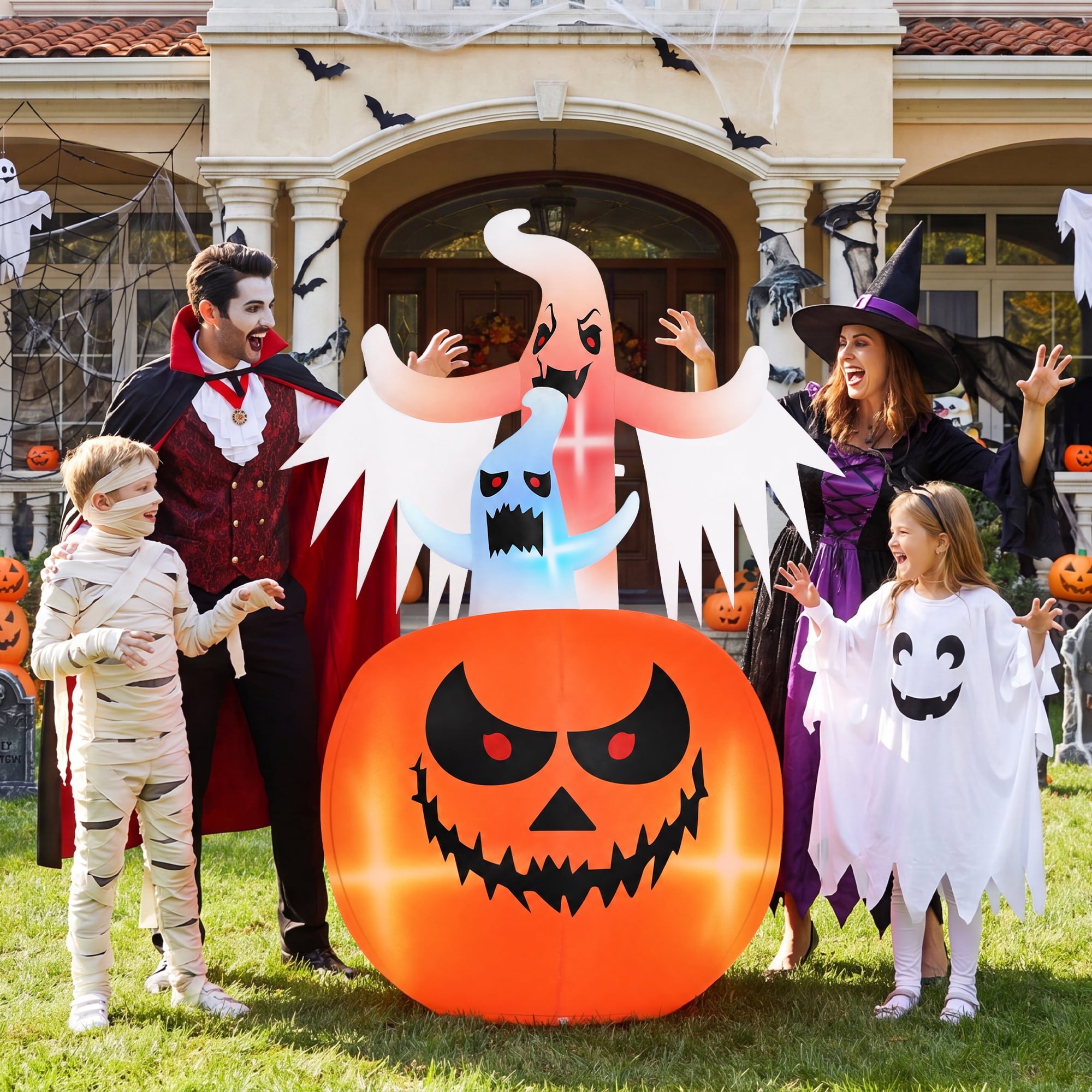 6ft Tall Halloween Inflatable,Ghosts Pumpkin with Colorful Flashing Lights,Blow ups Halloween Outdoor Decorations