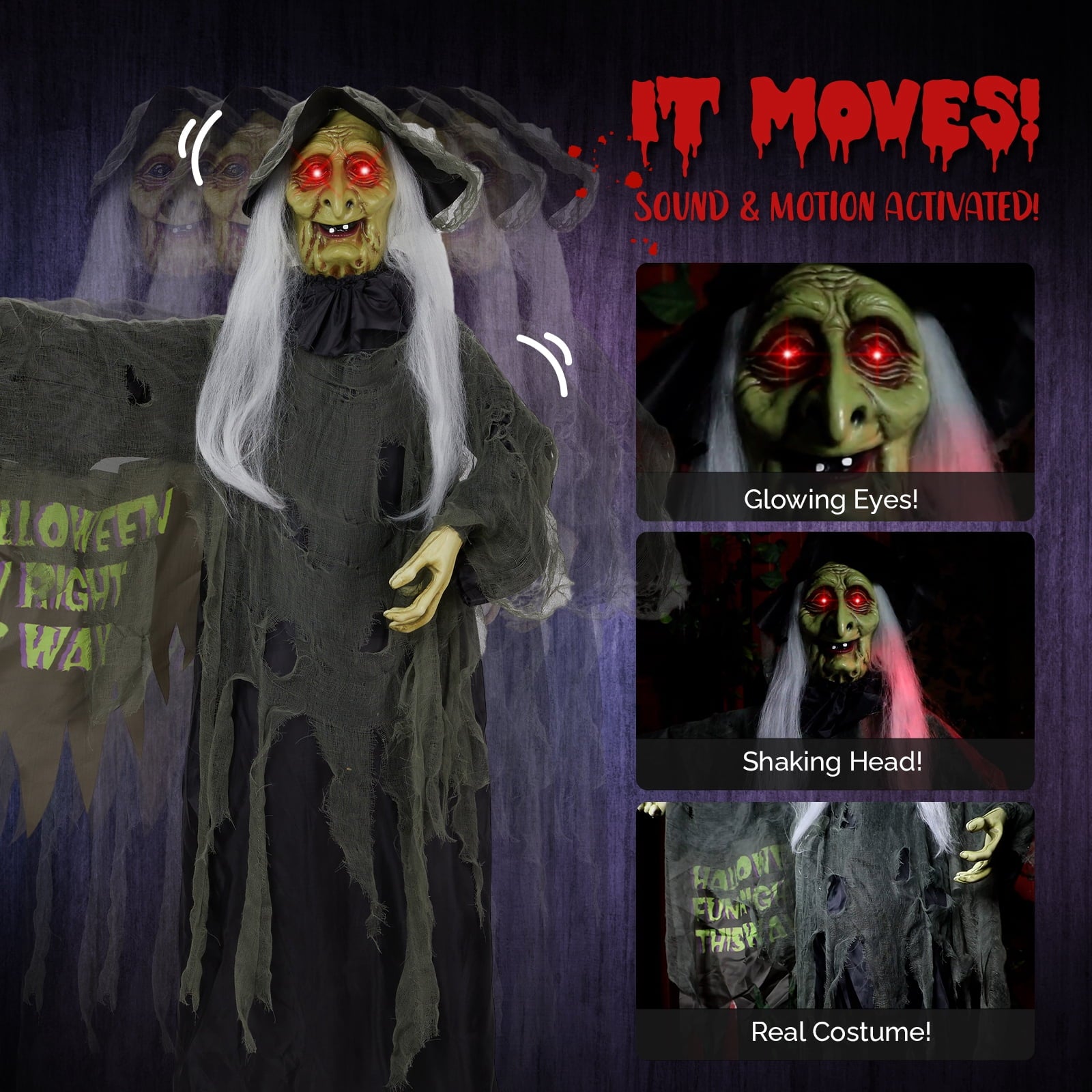 6FT Halloween Animatronic Witch Standing Outdoor Halloween Decoration w/ Red Eyes,Scary Sounds