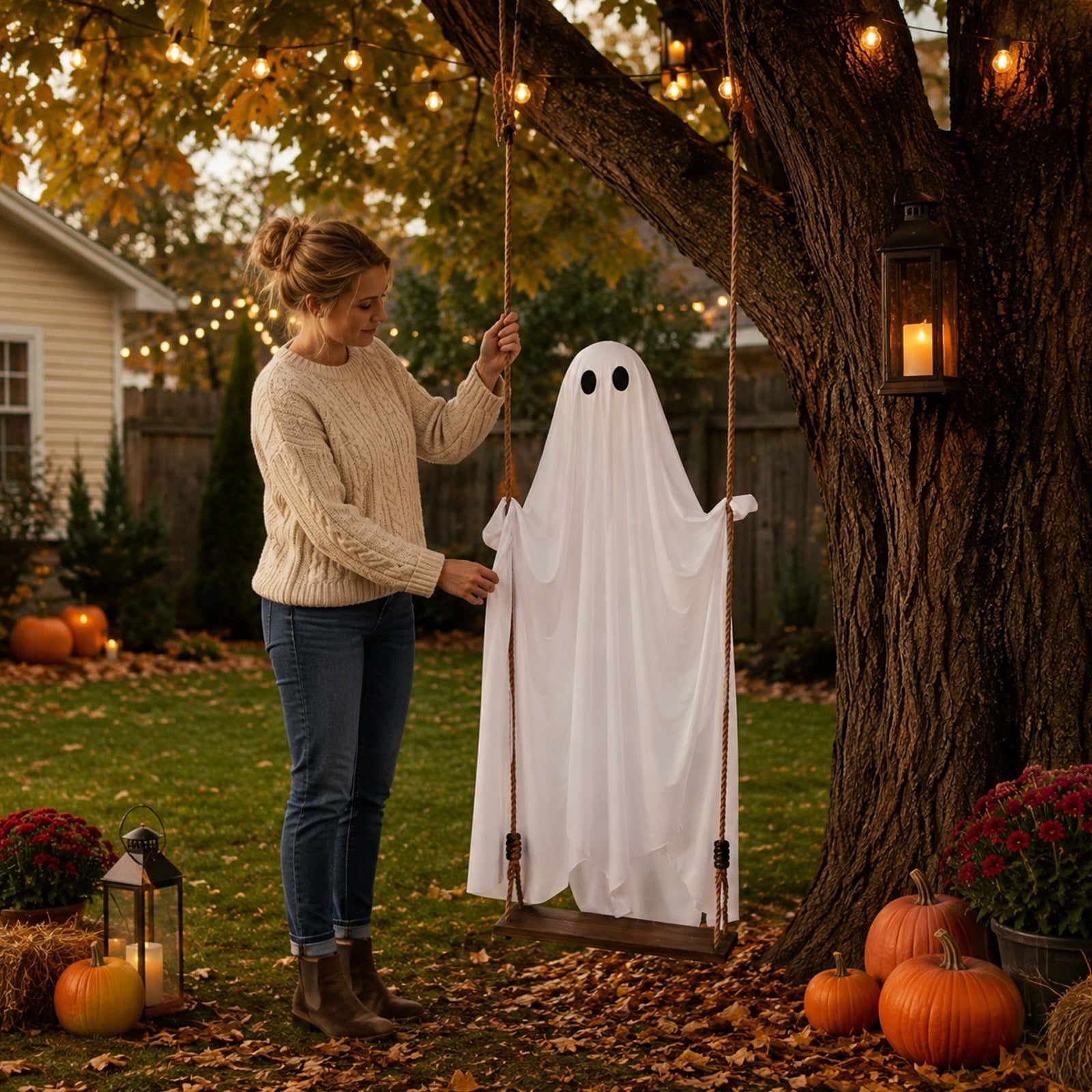Halloween 6 ft Hanging Swing Ghost with Remote Control and Lights, Outdoor Halloween Decorations, Outdoor Decor Spooky Cute Ghosts Decoration Flying Props for Tree Porch Yard Garden Lawn House