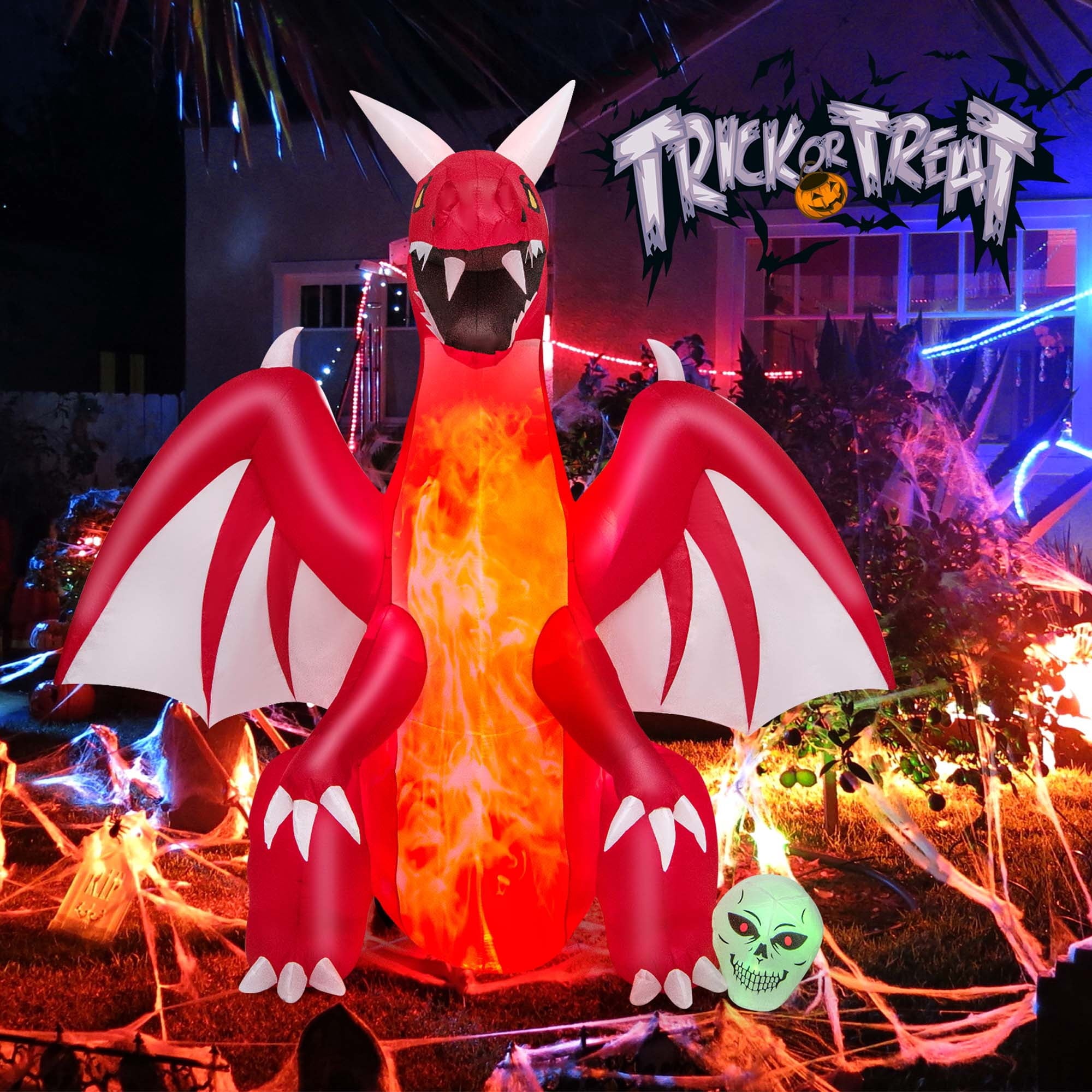 Costway 8 FT Halloween Inflatable Red Dragon with Wings & Skull Holiday Decoration Light
