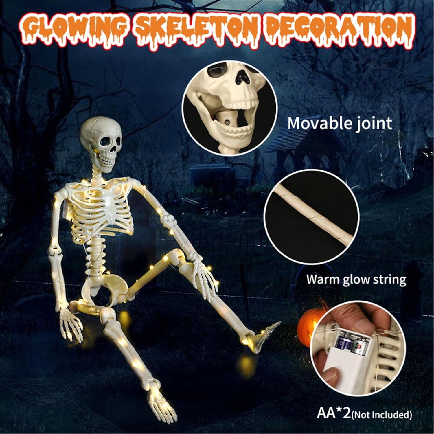 36" Full Body Skeleton Decoration,Halloween Posable Skeleton with Lights, Posable Joints Gothic Skeletons Decoration for Outdoor Indoor Yard Patio Haunted House,Light Up Spooky Party Props Decor