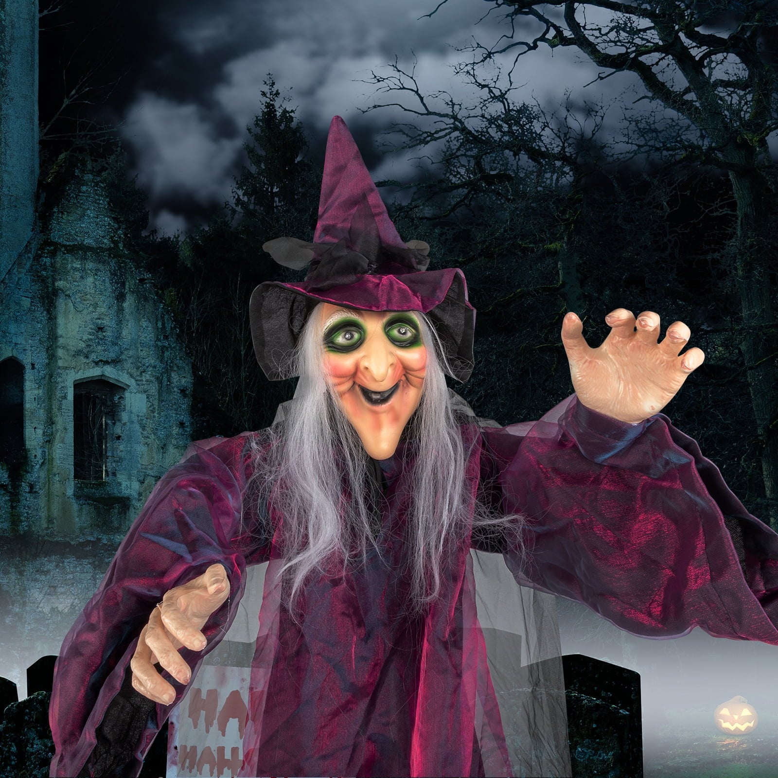Halloween Witch Hanging Animated Screaming Witch w/ Pre-Recorded Sound, LED Eyes for Yard Outdoor Home Garden