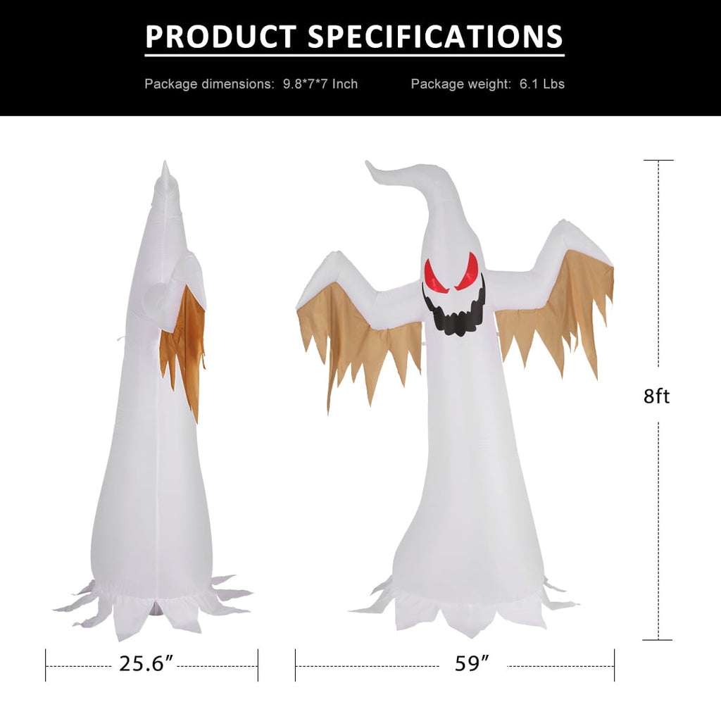 VIVOHOME 8ft Height Halloween Inflatable White Ghost with Red Rotating Led Lights Blow up Outdoor Lawn Yard Decoration