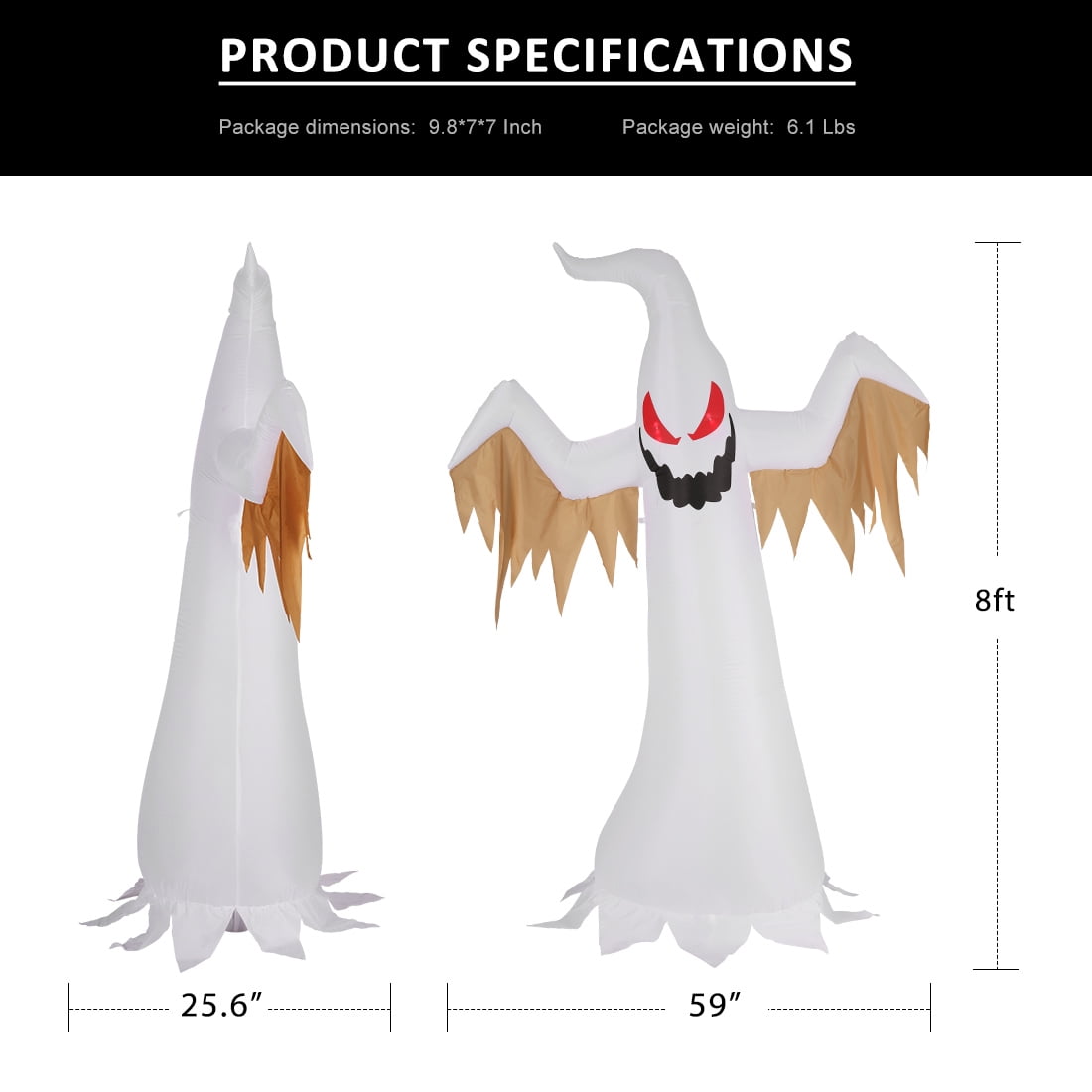 VIVOHOME 8ft Height Halloween Inflatable White Ghost with Red Rotating Led Lights Blow up Outdoor Lawn Yard Decoration