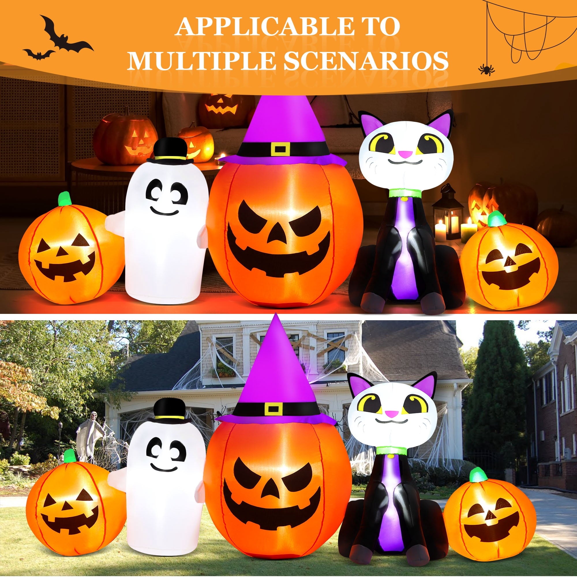 8ft Halloween Inflatable Pumpkins Outdoor Decor with Black Cat and Spectre,Built-in LED Lights,for Halloween Party,Yard,Garden,Lawn