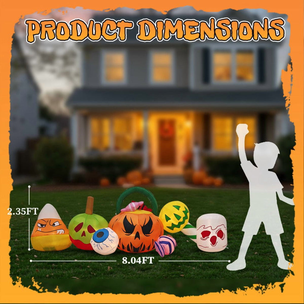 8FT Halloween Inflatable Pumpkin Ghost Scene, Waterproof Polyester, Quick Inflation with Stakes/Ropes for Yard/Garden/Indoor