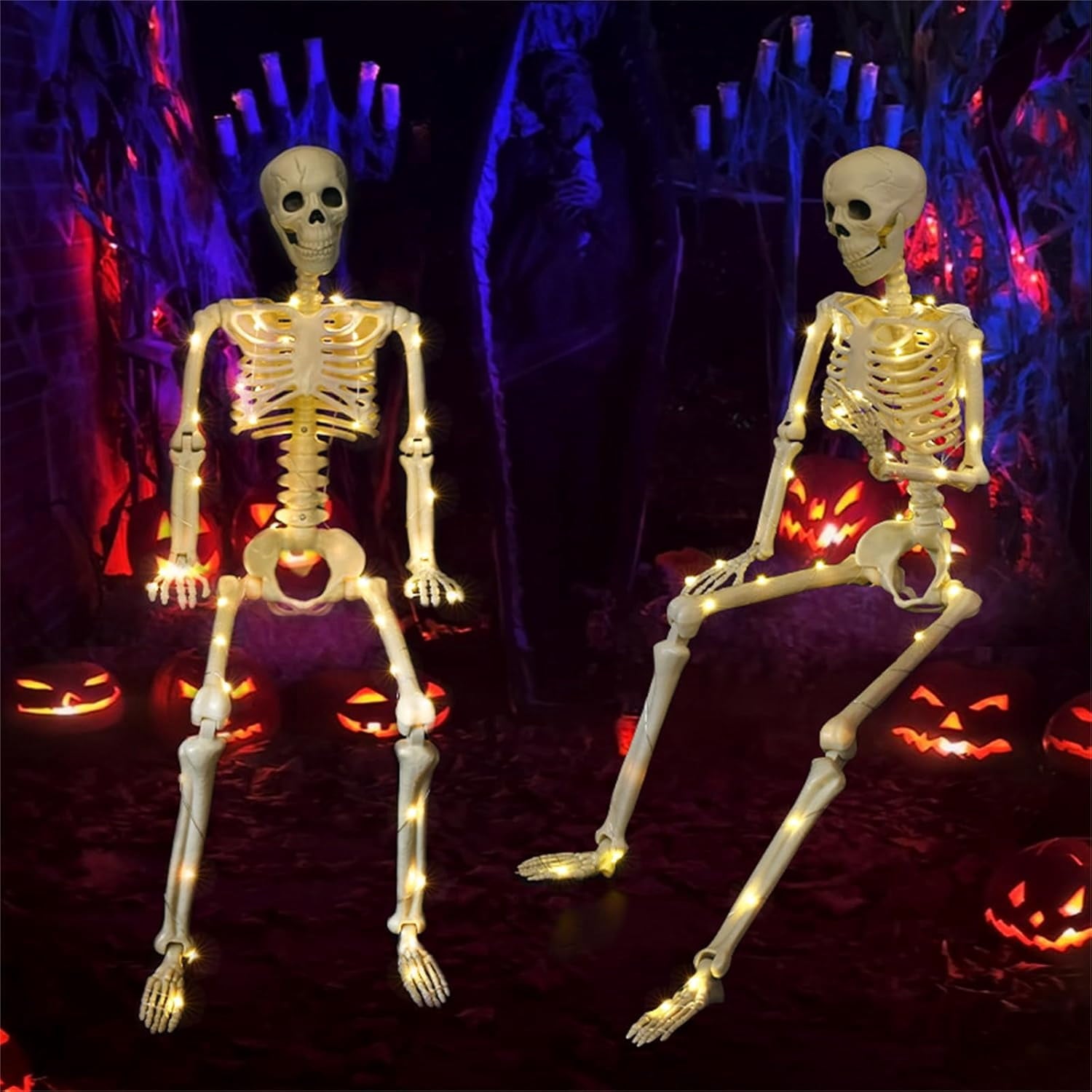36" Full Body Skeleton Decoration,Halloween Posable Skeleton with Lights, Posable Joints Gothic Skeletons Decoration for Outdoor Indoor Yard Patio Haunted House,Light Up Spooky Party Props Decor