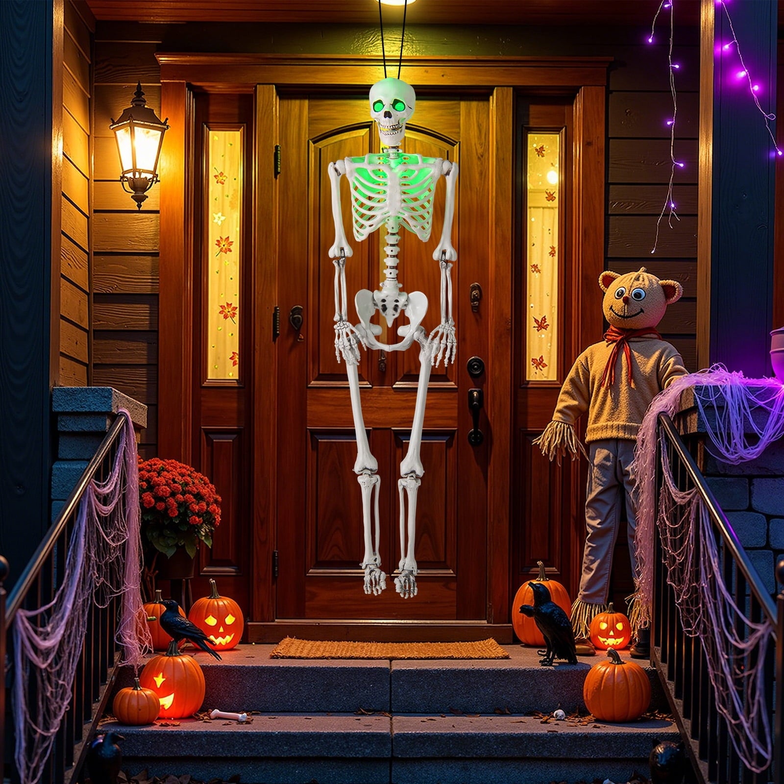 Costway 5.5 FT Poseable Halloween Skeleton Life-Size Decoration with Built-in Lights Green