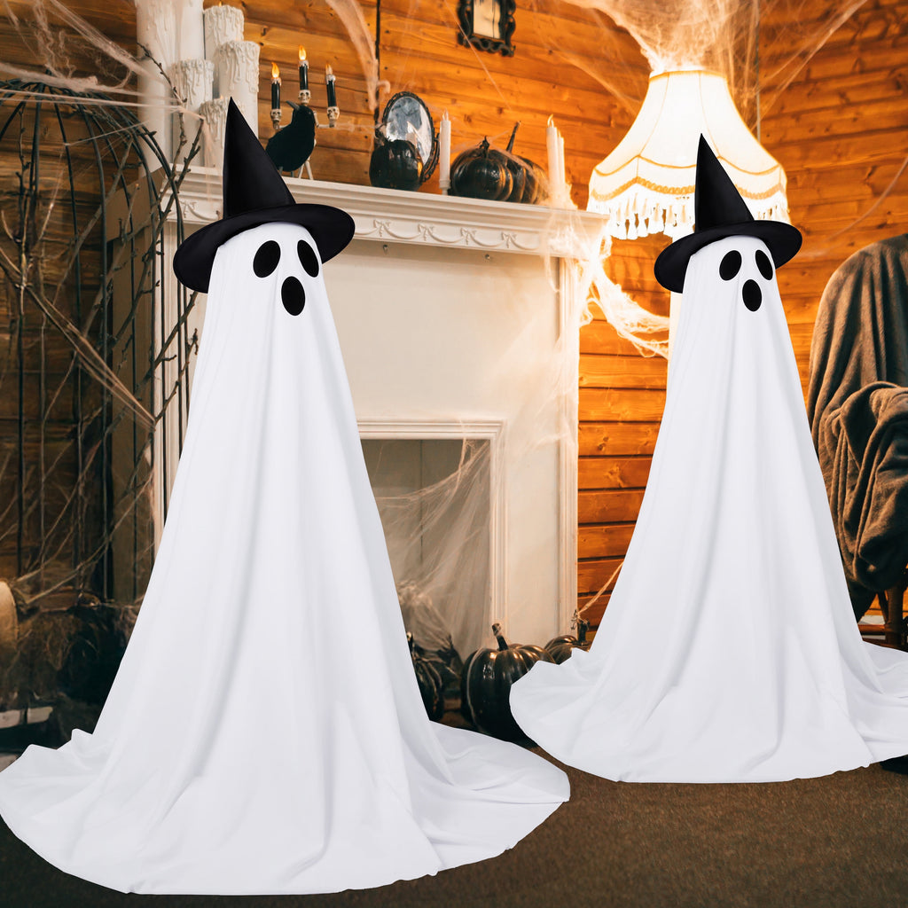 2 Packs Halloween Decorations Outdoor,Light Up Halloween Spooky Standing Ghost with Witch Hat,Scary Ghosts Decor with LED Lights for Front Porche Yard Garden Home